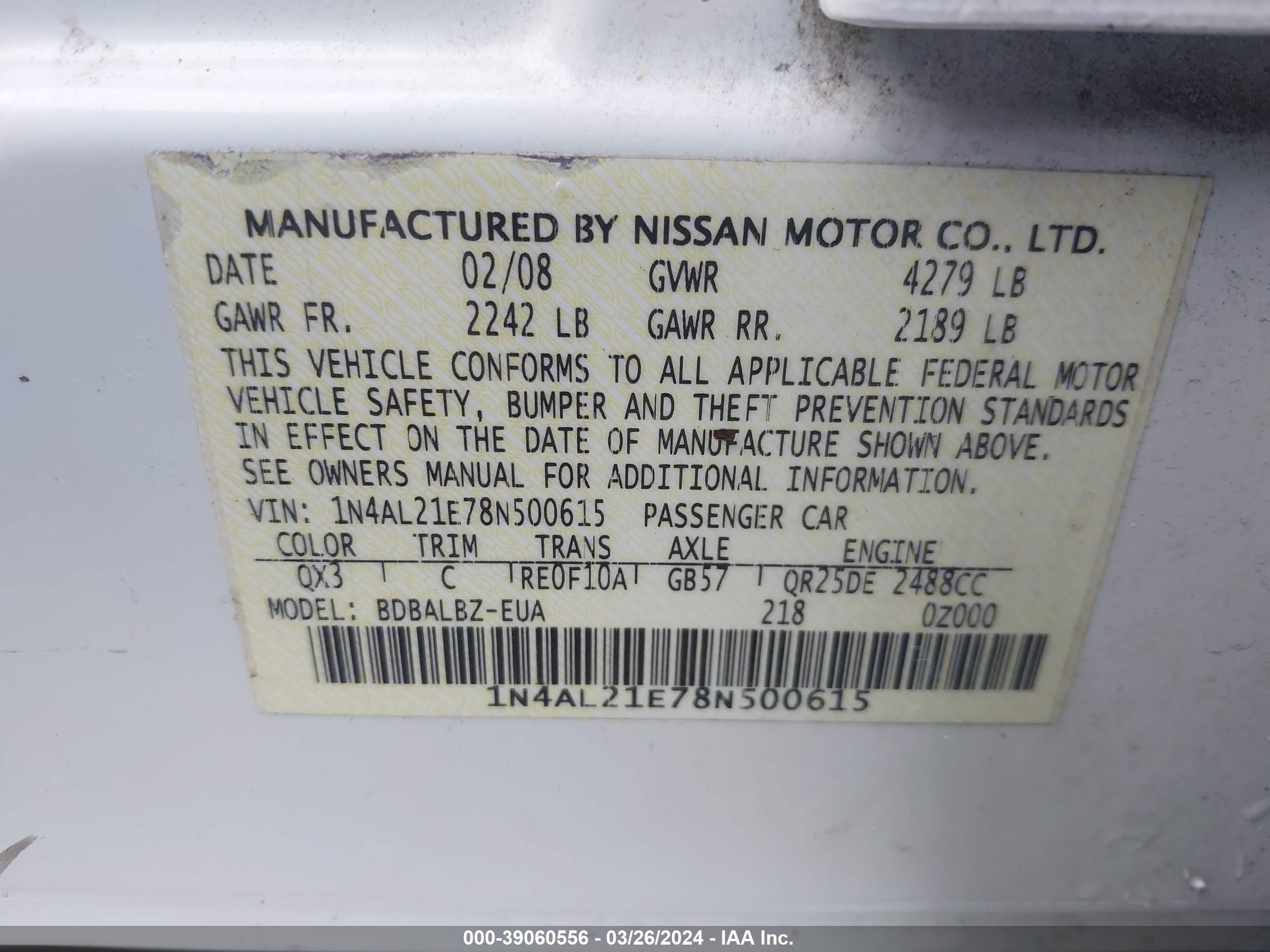 Photo 8 VIN: 1N4AL21E78N500615 - NISSAN ALTIMA 