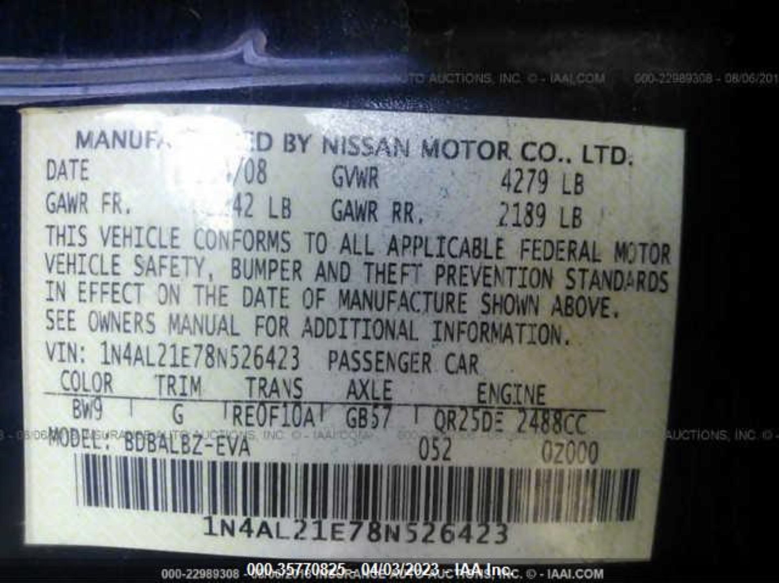 Photo 8 VIN: 1N4AL21E78N526423 - NISSAN ALTIMA 