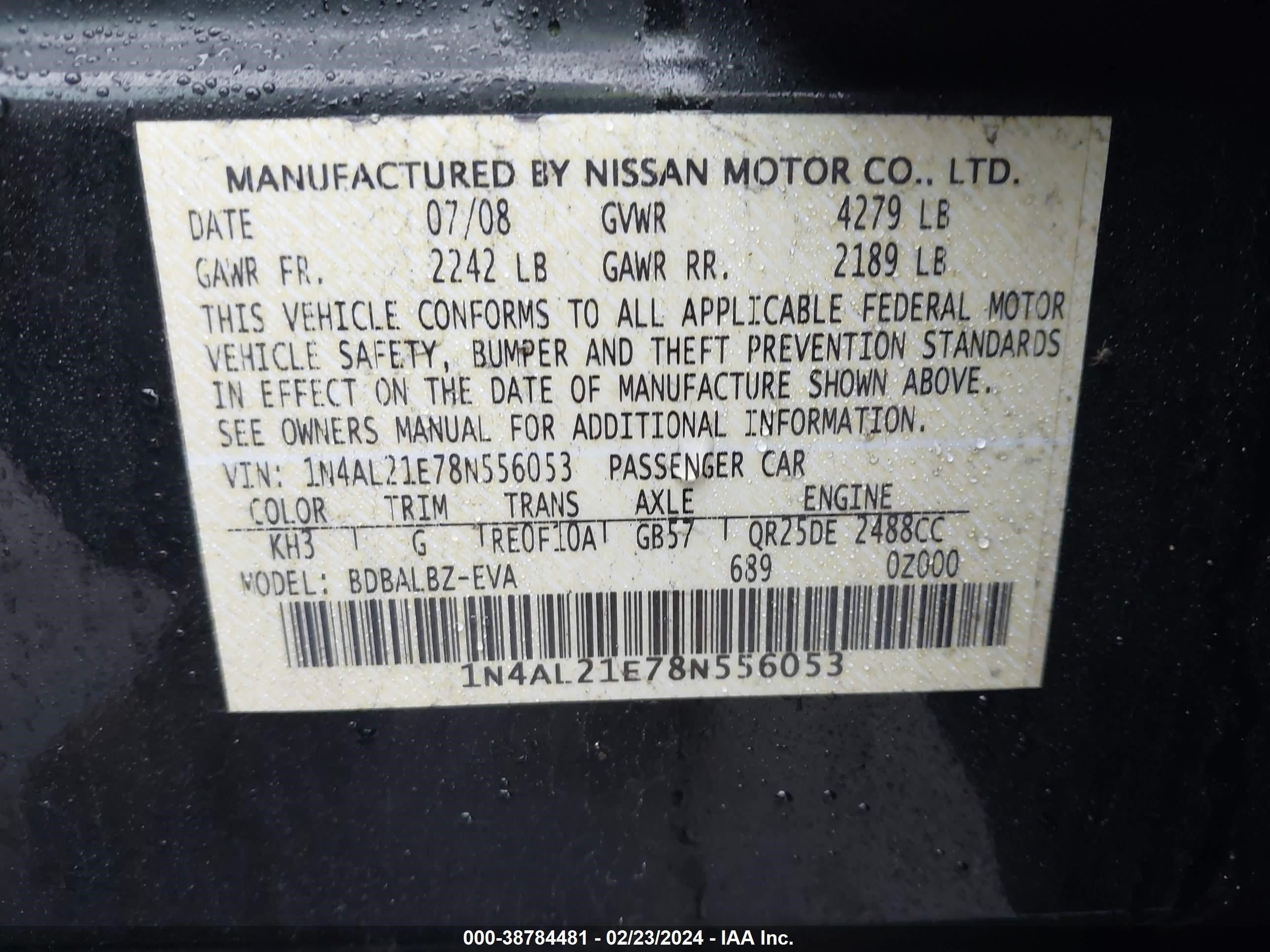 Photo 8 VIN: 1N4AL21E78N556053 - NISSAN ALTIMA 