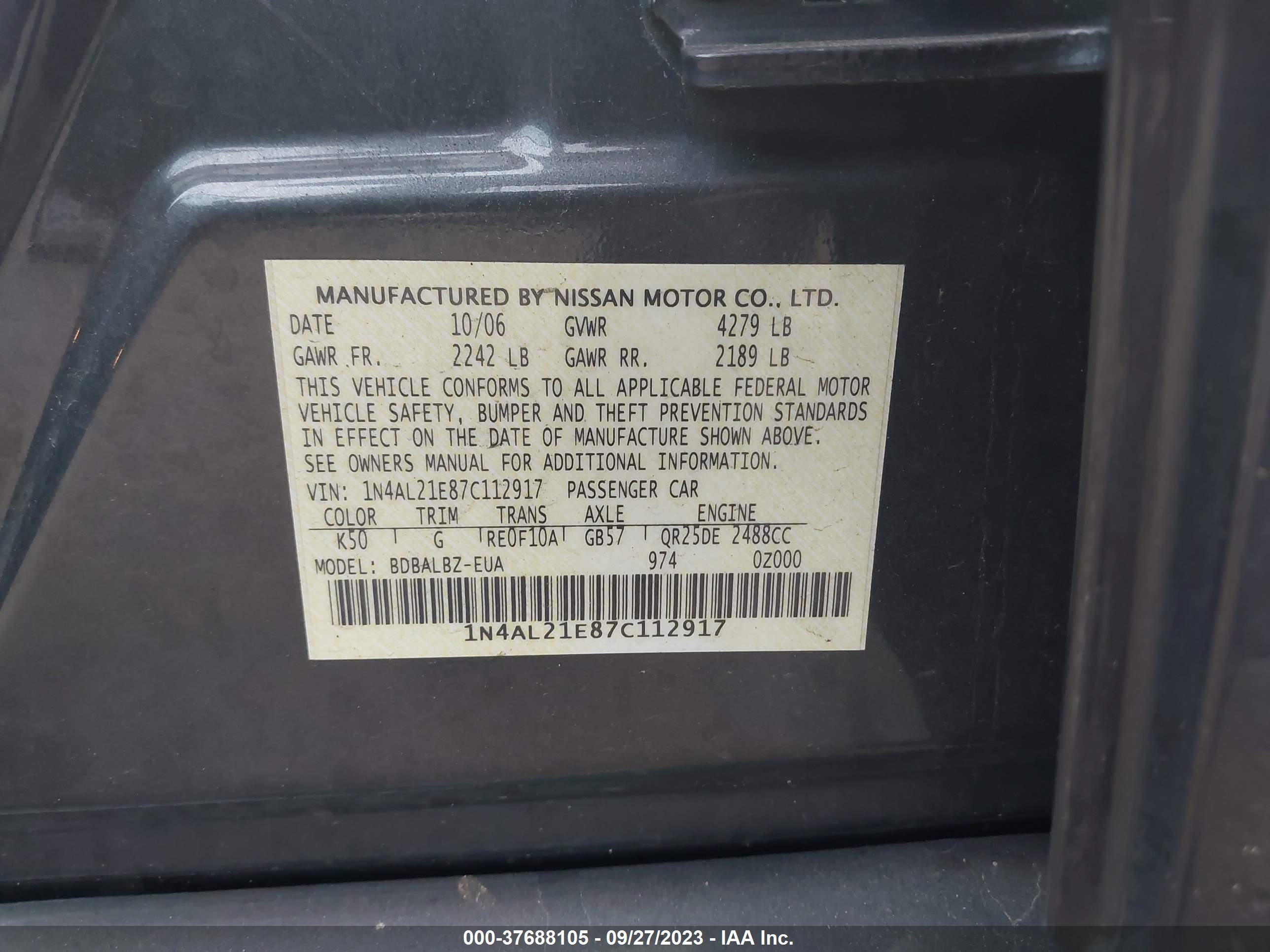 Photo 8 VIN: 1N4AL21E87C112917 - NISSAN ALTIMA 