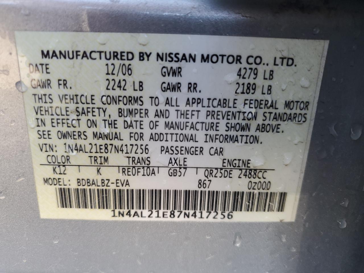 Photo 11 VIN: 1N4AL21E87N417256 - NISSAN ALTIMA 