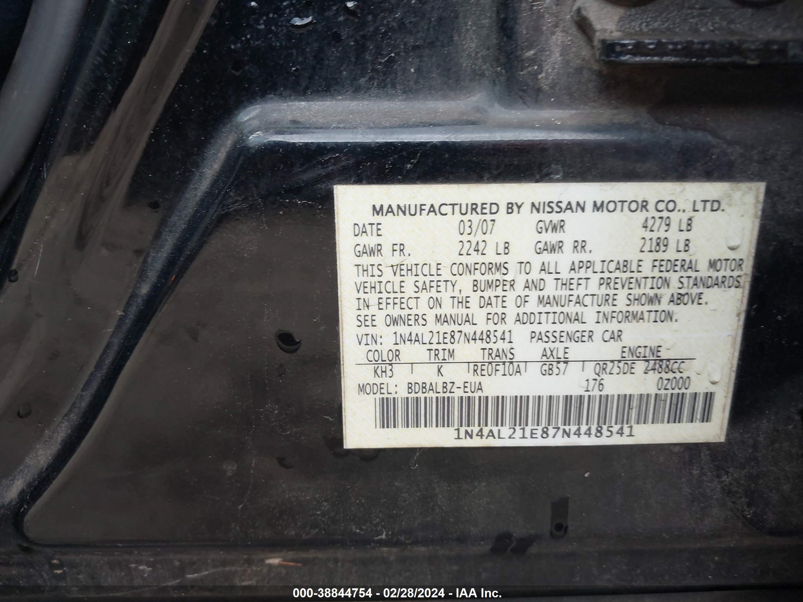 Photo 8 VIN: 1N4AL21E87N448541 - NISSAN ALTIMA 