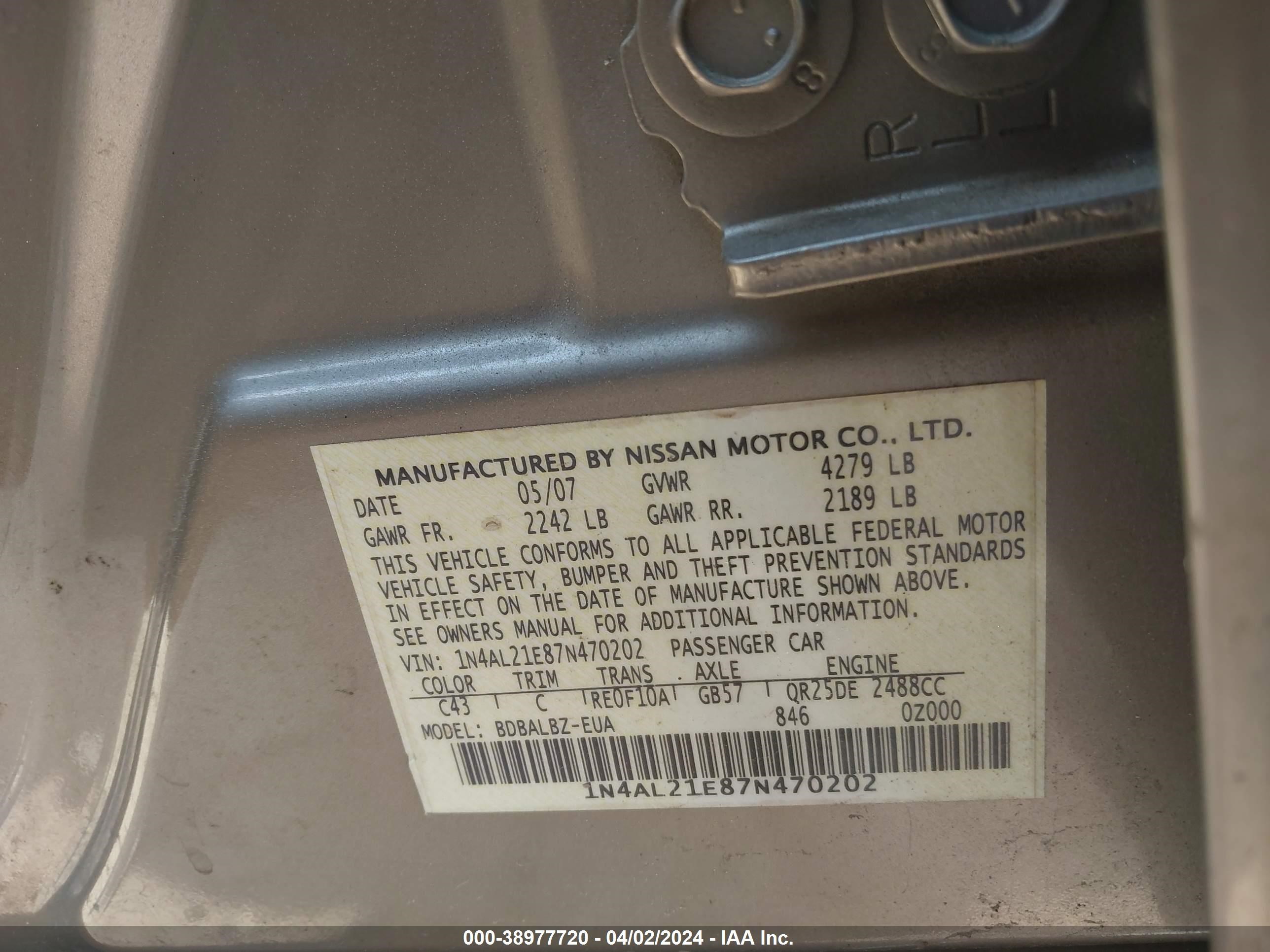 Photo 8 VIN: 1N4AL21E87N470202 - NISSAN ALTIMA 