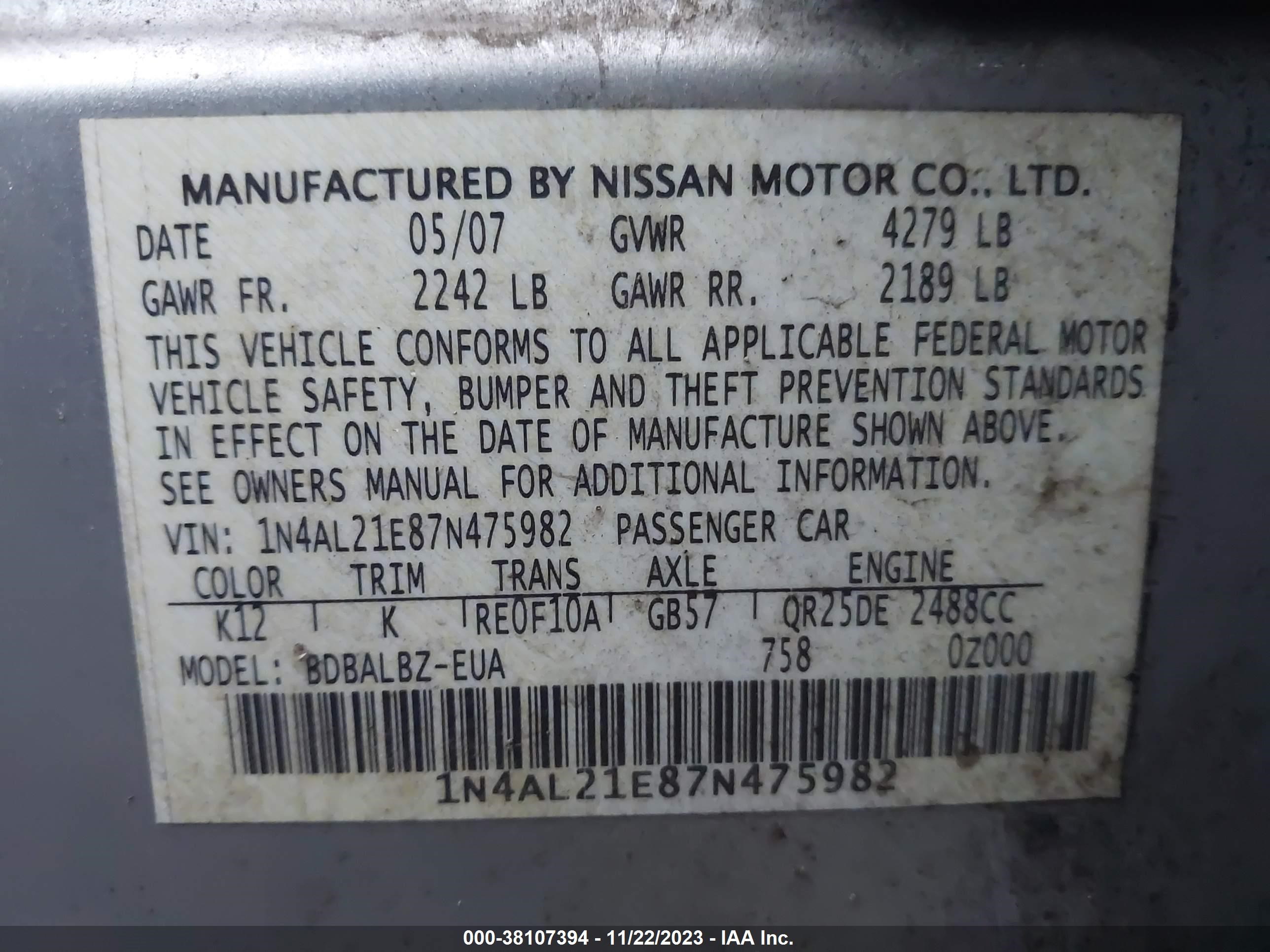 Photo 8 VIN: 1N4AL21E87N475982 - NISSAN ALTIMA 