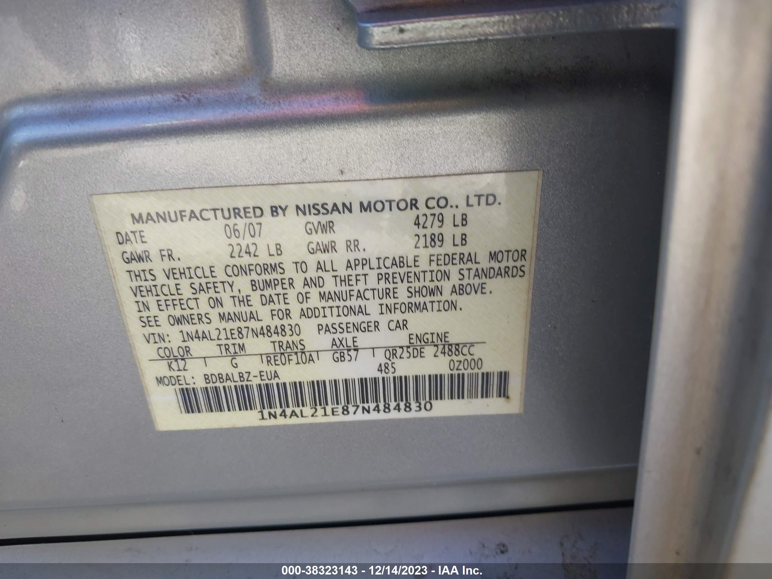 Photo 8 VIN: 1N4AL21E87N484830 - NISSAN ALTIMA 