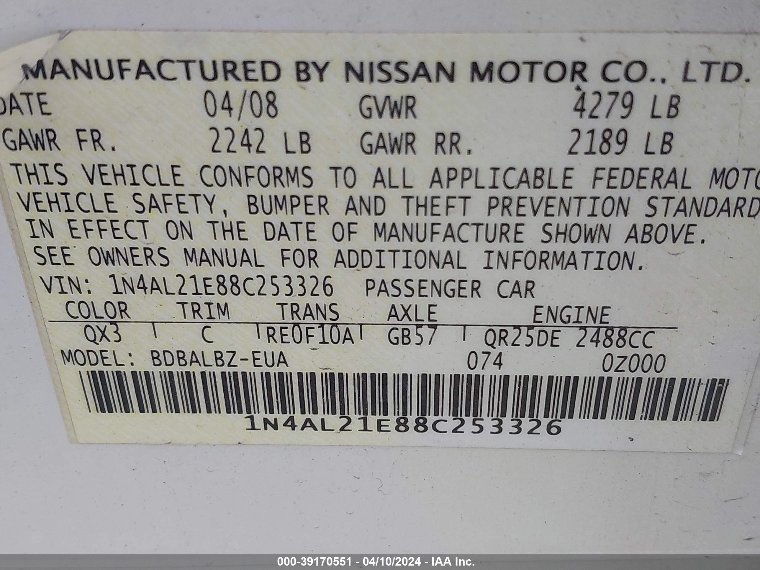 Photo 8 VIN: 1N4AL21E88C253326 - NISSAN ALTIMA 