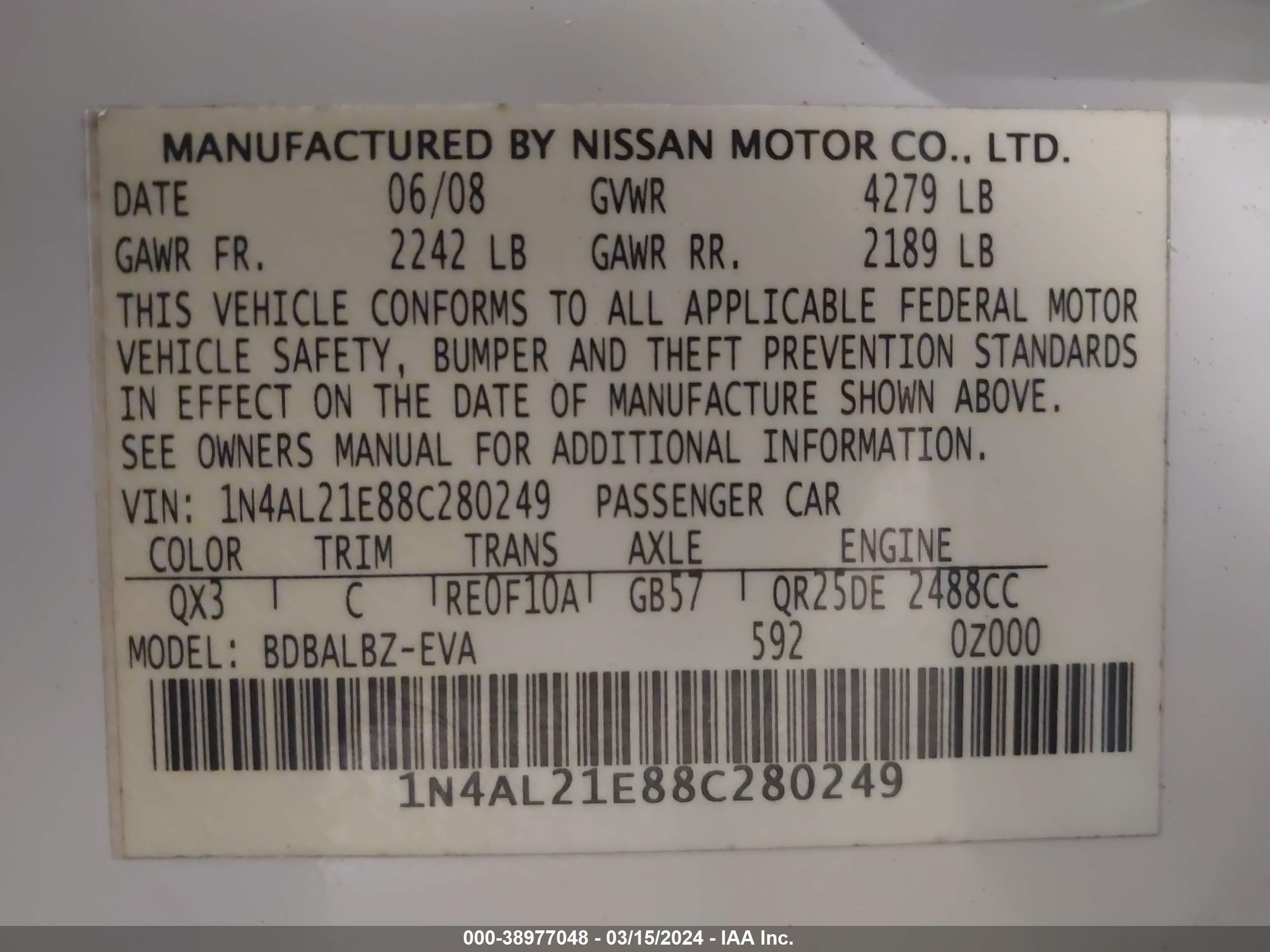 Photo 8 VIN: 1N4AL21E88C280249 - NISSAN ALTIMA 