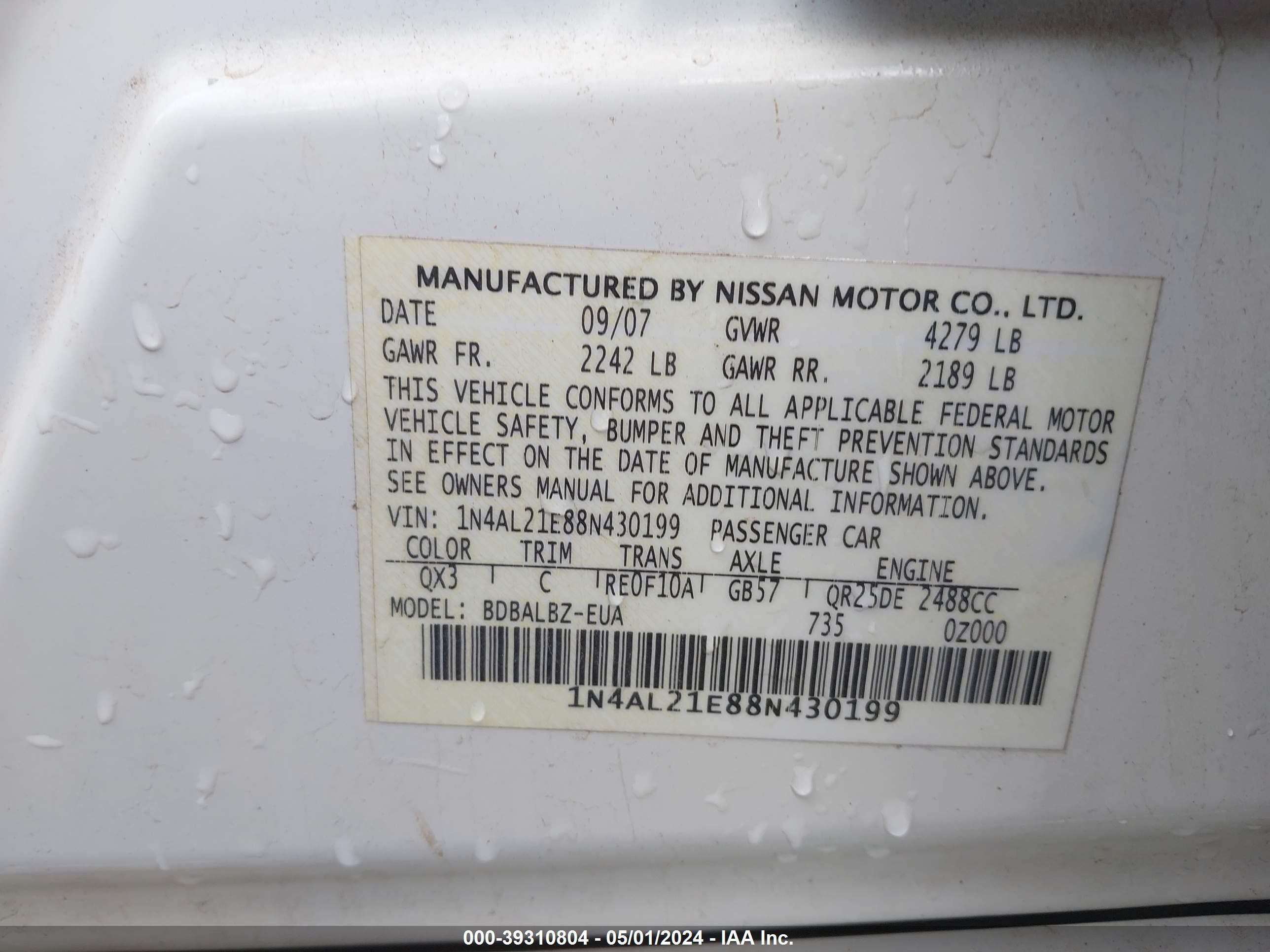 Photo 8 VIN: 1N4AL21E88N430199 - NISSAN ALTIMA 