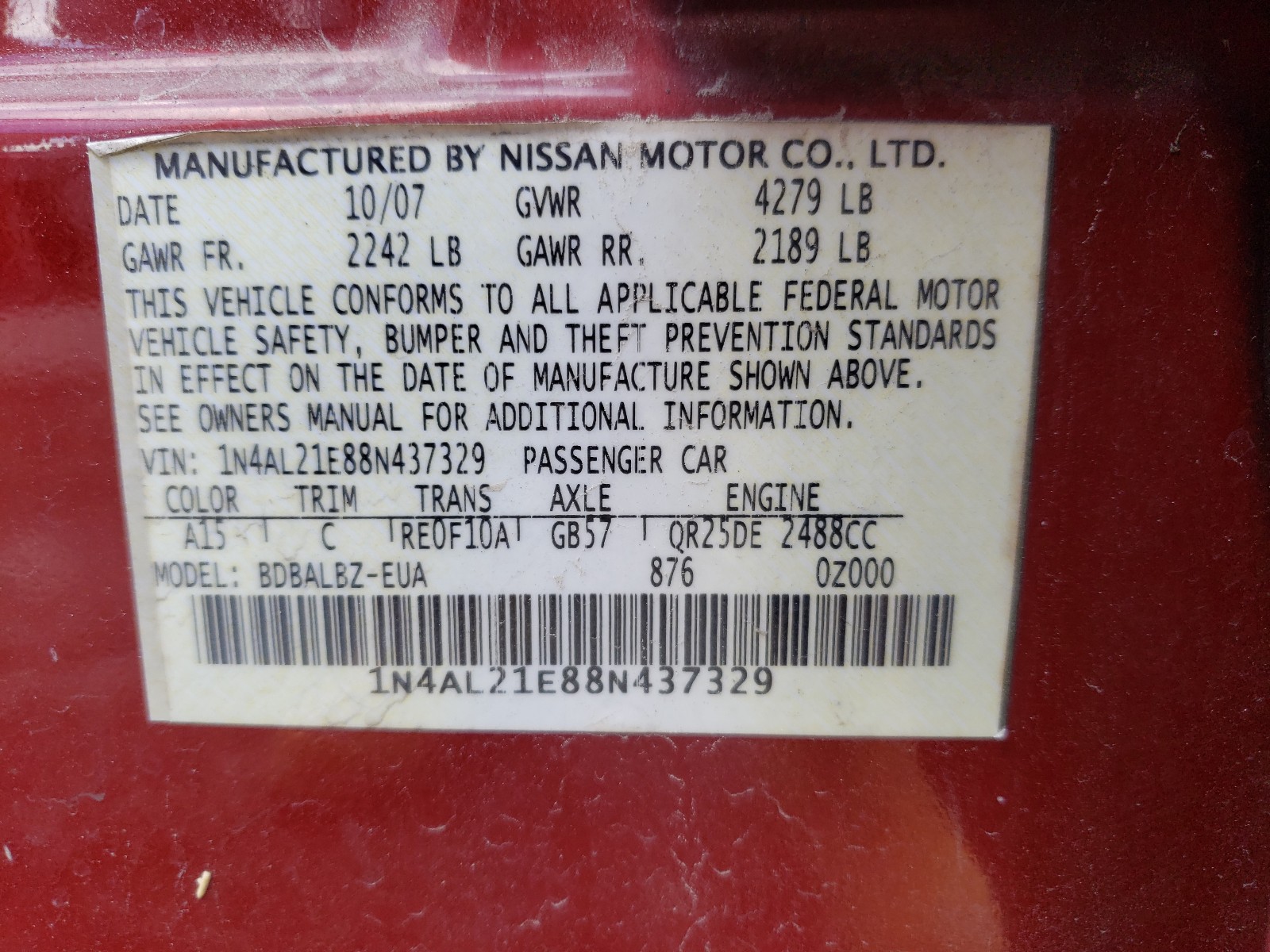 Photo 9 VIN: 1N4AL21E88N437329 - NISSAN ALTIMA 2.5 