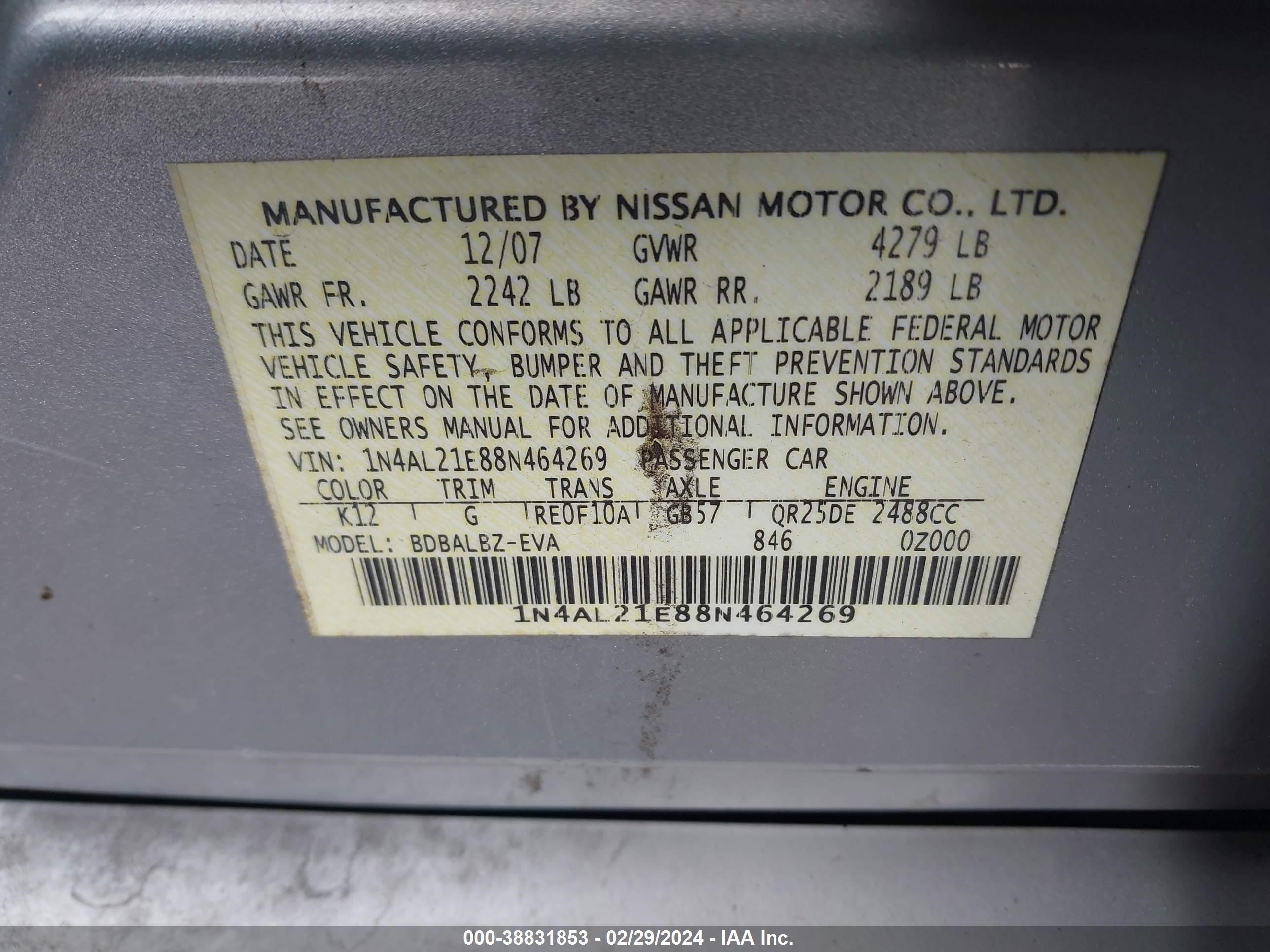 Photo 8 VIN: 1N4AL21E88N464269 - NISSAN ALTIMA 