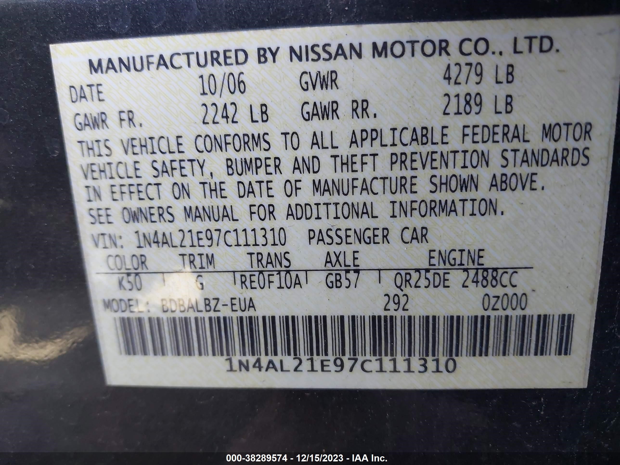 Photo 8 VIN: 1N4AL21E97C111310 - NISSAN ALTIMA 