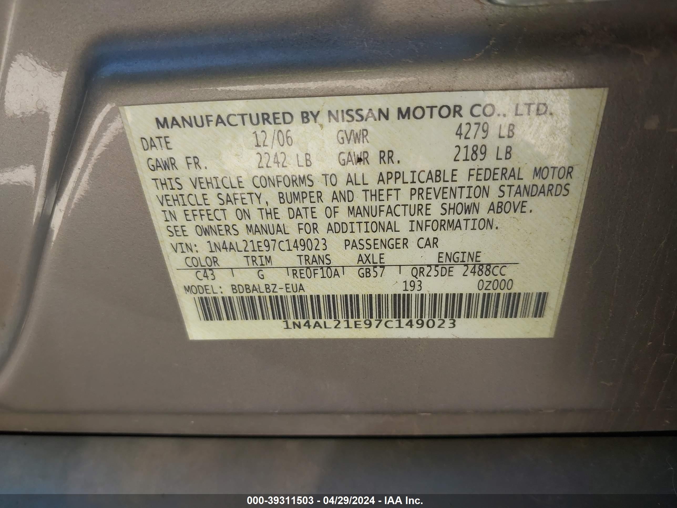 Photo 8 VIN: 1N4AL21E97C149023 - NISSAN ALTIMA 