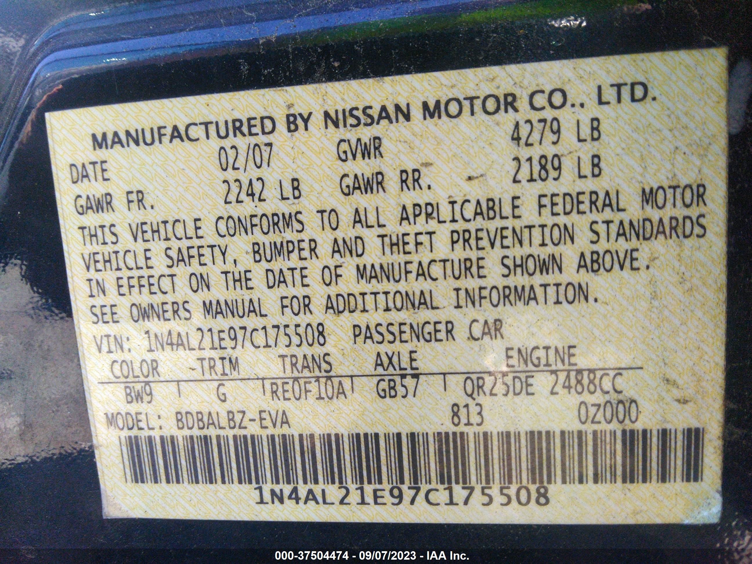 Photo 8 VIN: 1N4AL21E97C175508 - NISSAN ALTIMA 