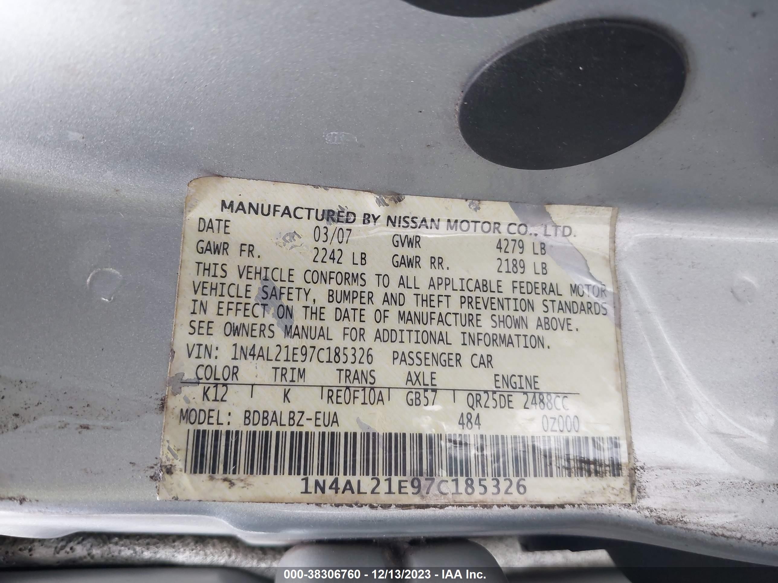 Photo 8 VIN: 1N4AL21E97C185326 - NISSAN ALTIMA 