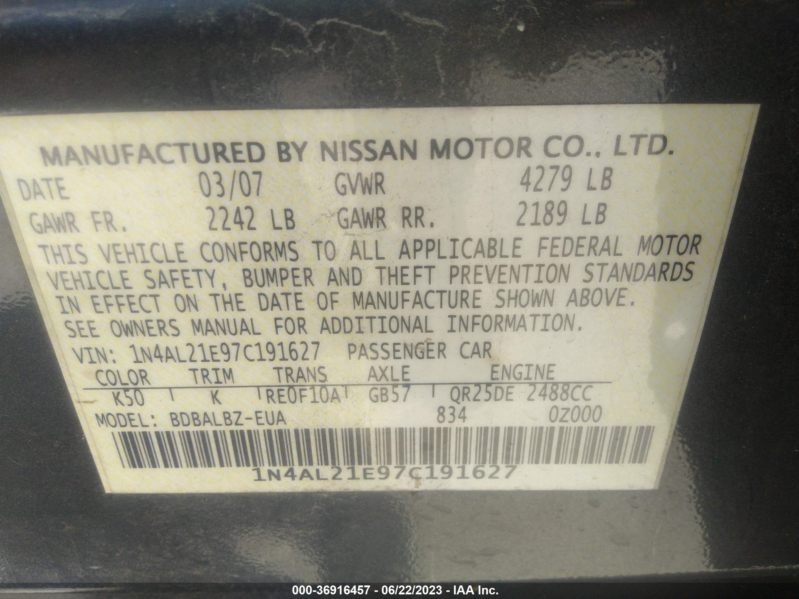 Photo 8 VIN: 1N4AL21E97C191627 - NISSAN ALTIMA 