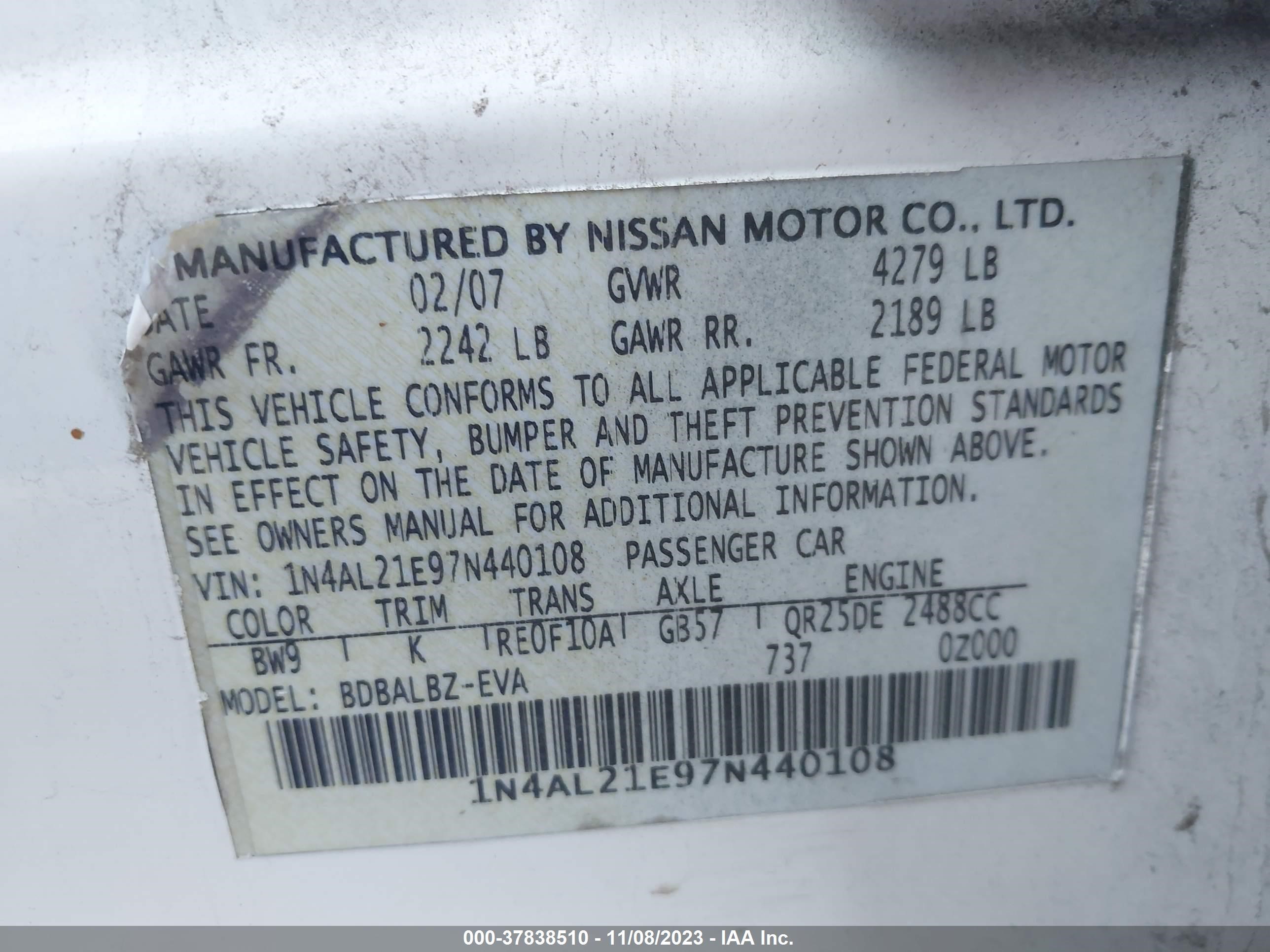 Photo 8 VIN: 1N4AL21E97N440108 - NISSAN ALTIMA 