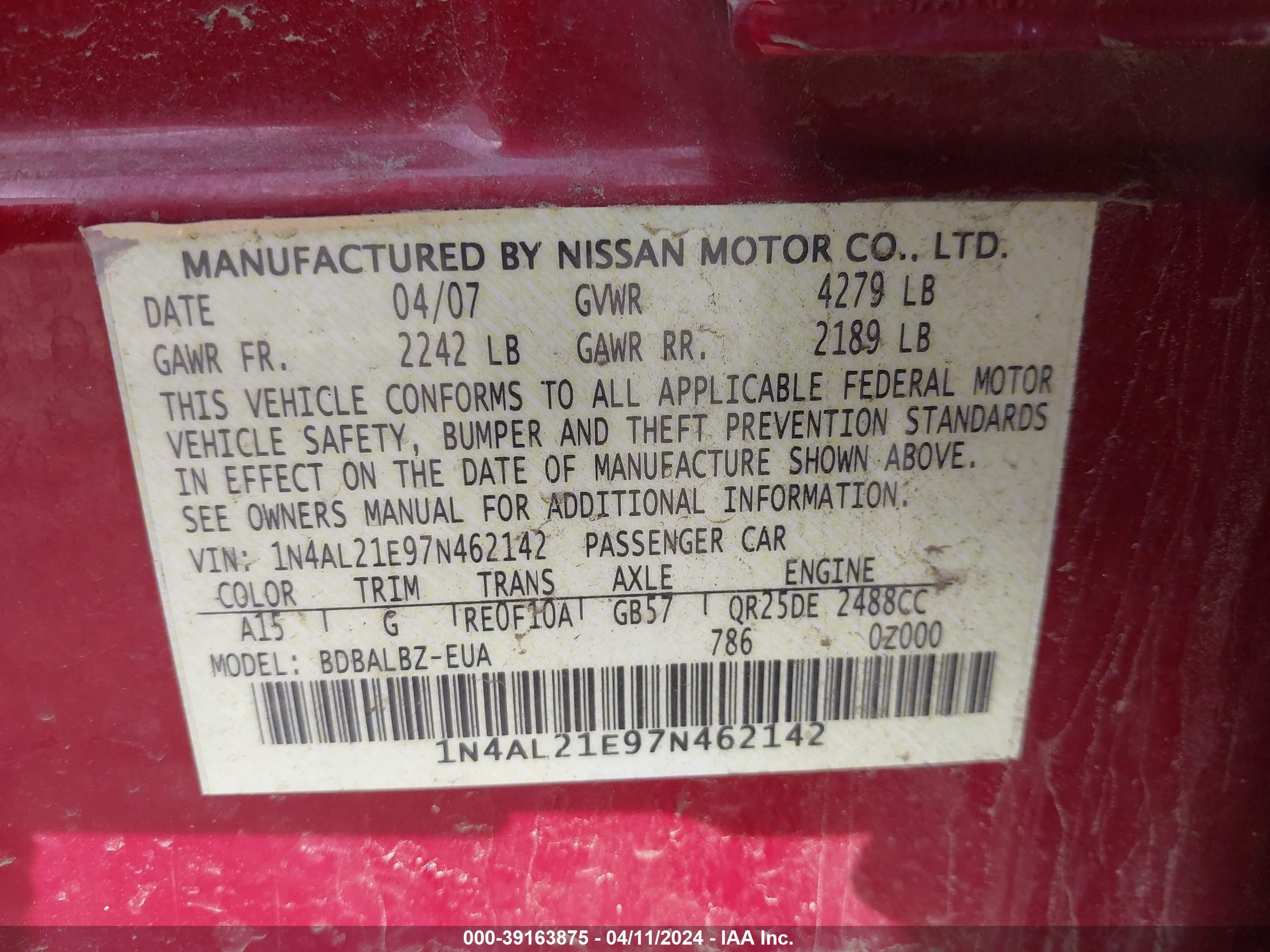 Photo 8 VIN: 1N4AL21E97N462142 - NISSAN ALTIMA 