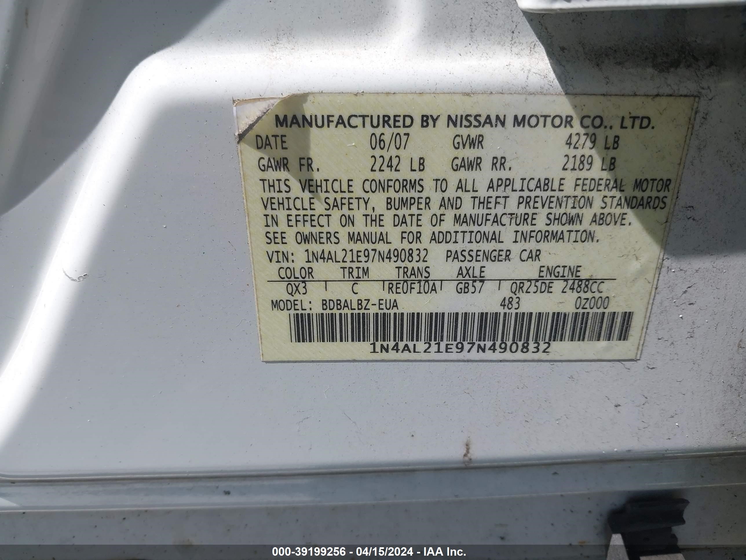 Photo 8 VIN: 1N4AL21E97N490832 - NISSAN ALTIMA 