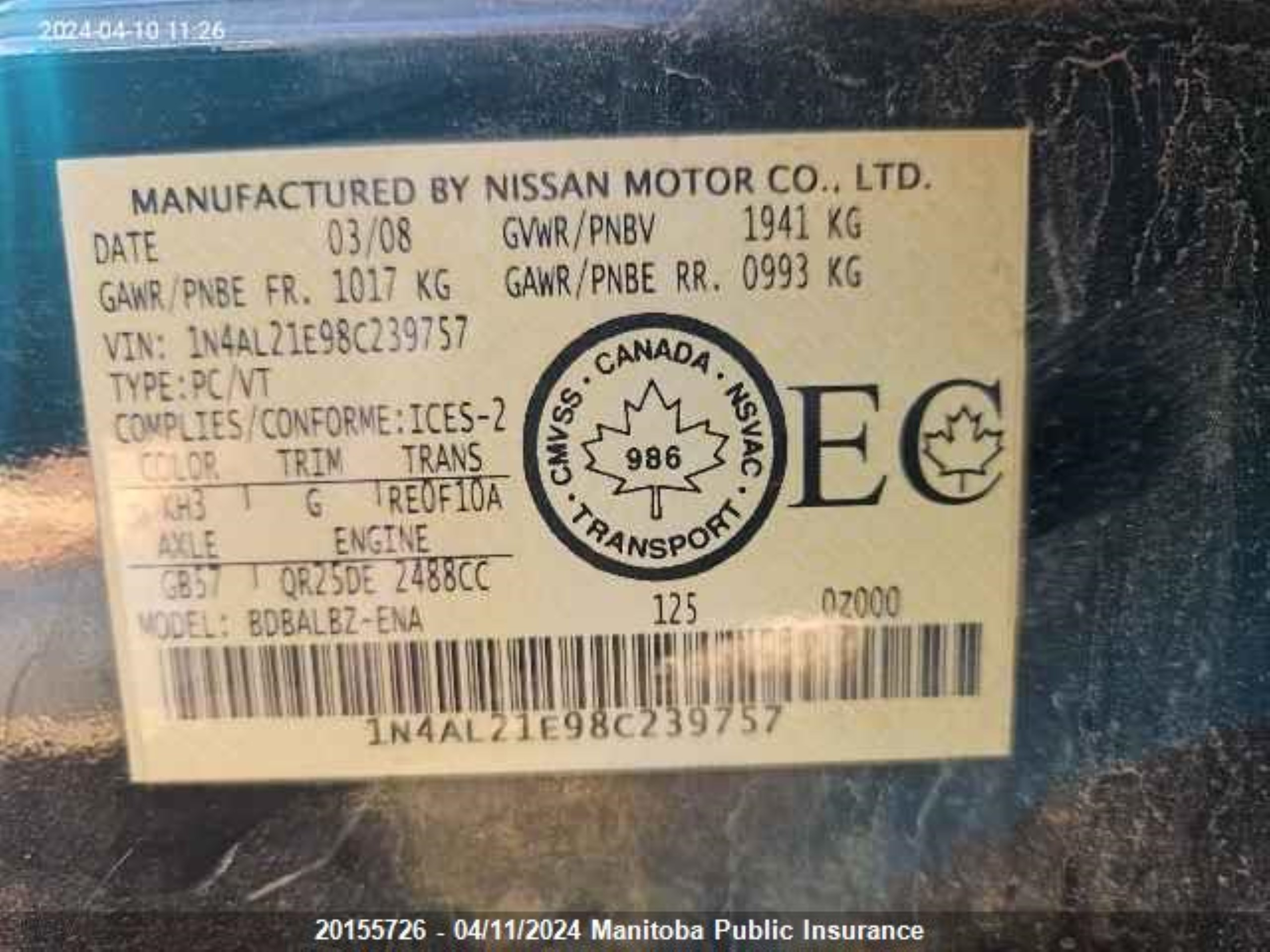 Photo 8 VIN: 1N4AL21E98C239757 - NISSAN ALTIMA 