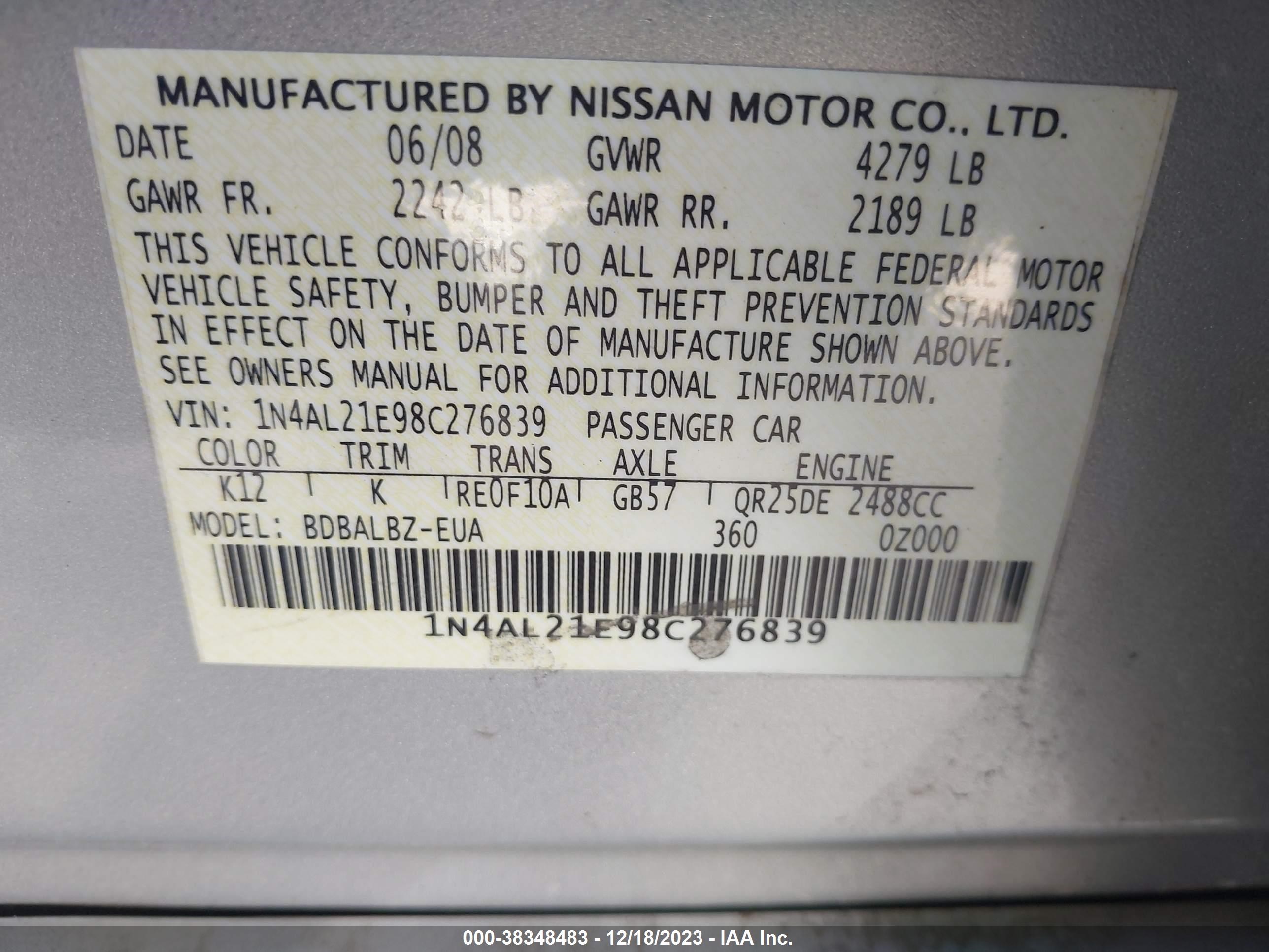 Photo 8 VIN: 1N4AL21E98C276839 - NISSAN ALTIMA 