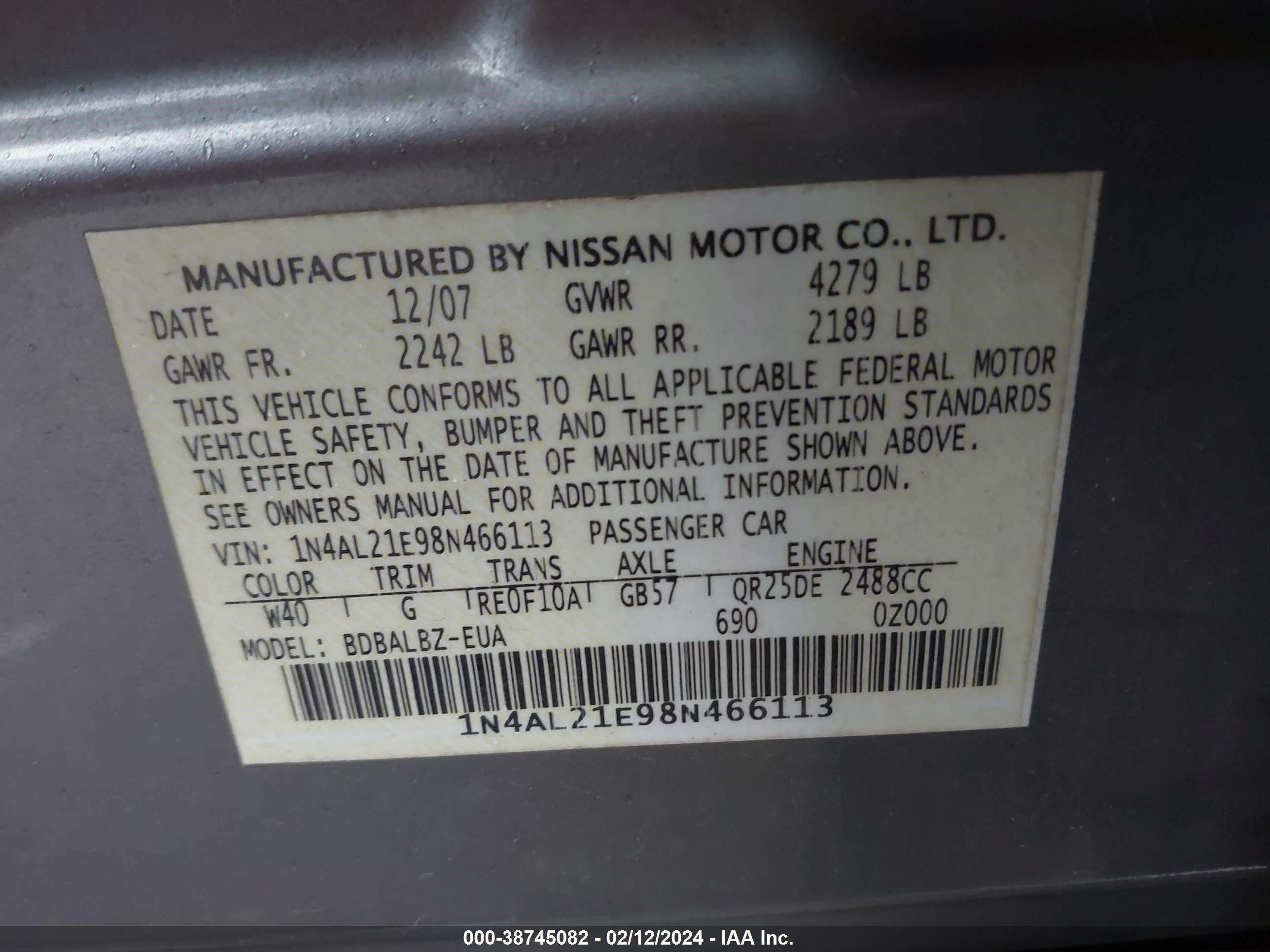 Photo 8 VIN: 1N4AL21E98N466113 - NISSAN ALTIMA 