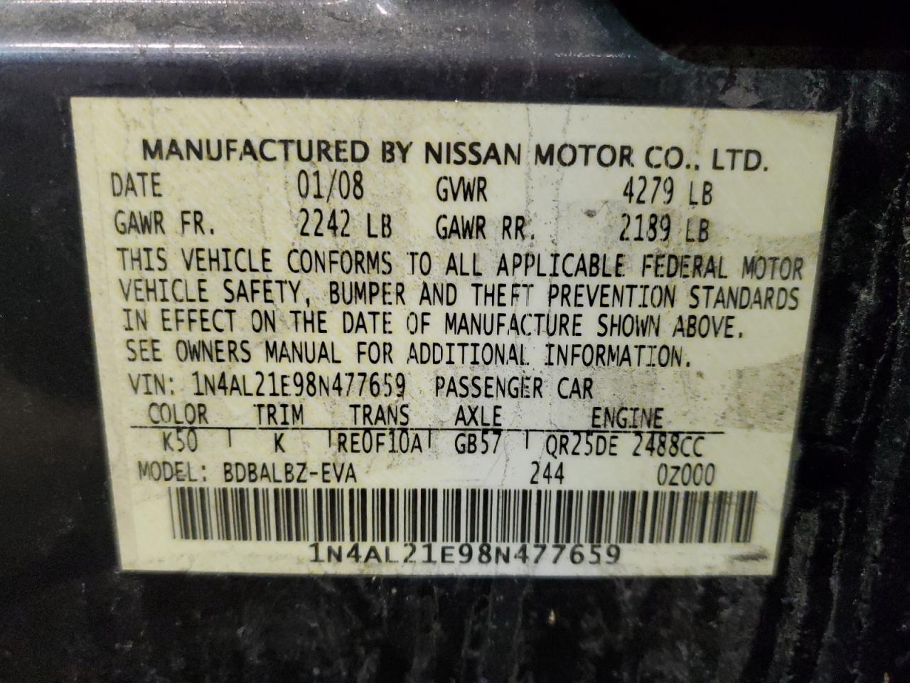 Photo 12 VIN: 1N4AL21E98N477659 - NISSAN ALTIMA 