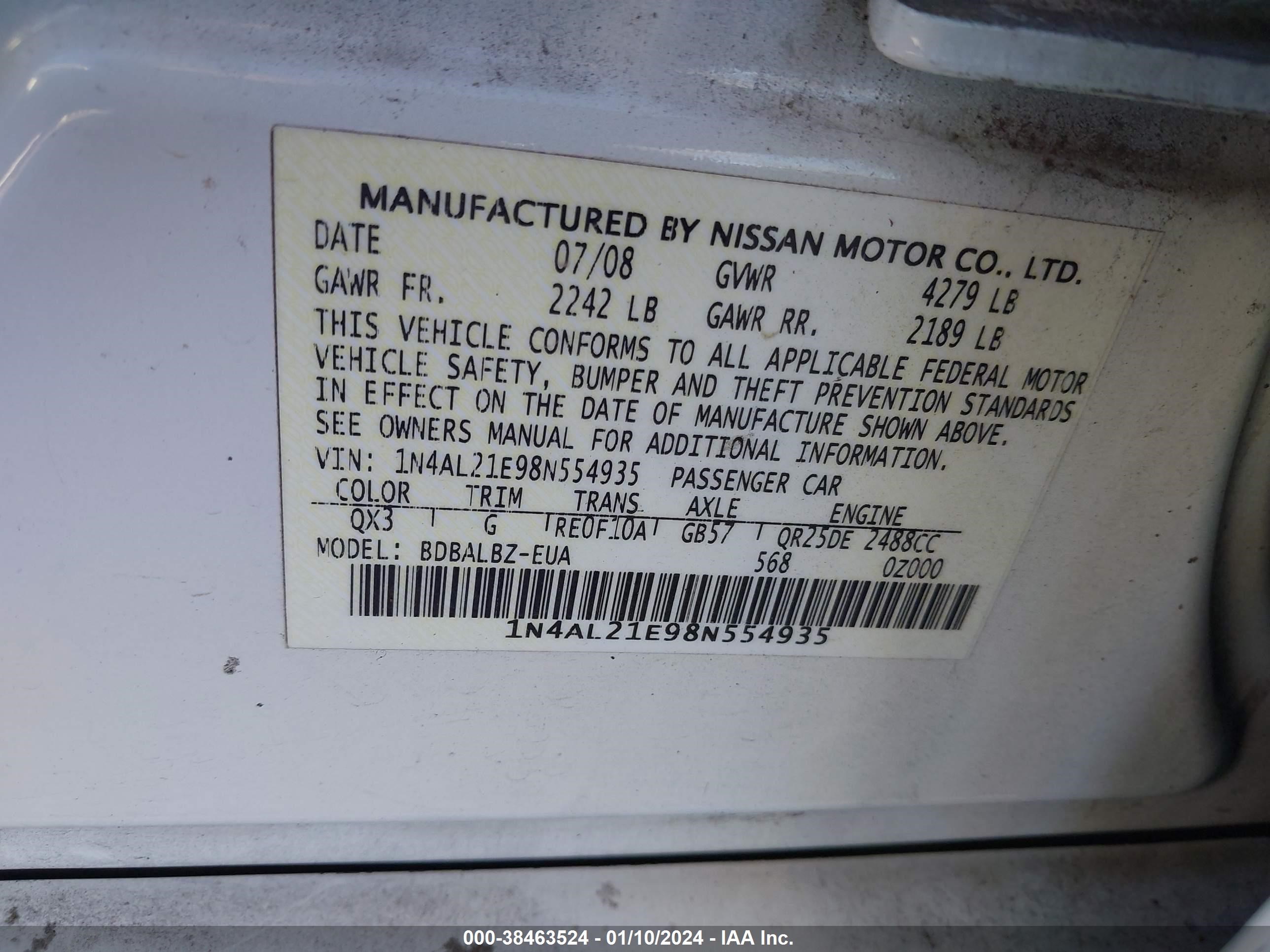 Photo 8 VIN: 1N4AL21E98N554935 - NISSAN ALTIMA 