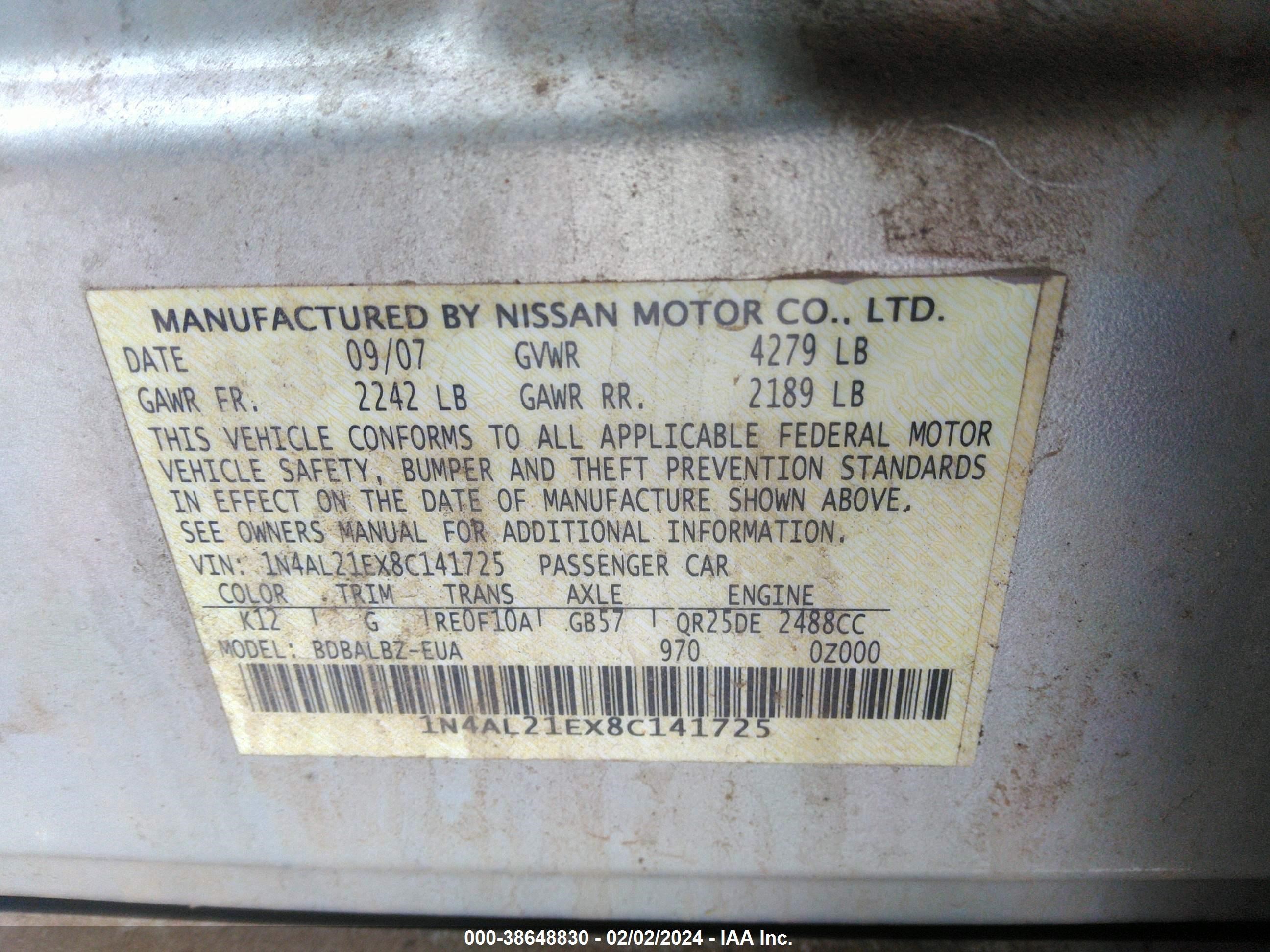 Photo 8 VIN: 1N4AL21EX8C141725 - NISSAN ALTIMA 