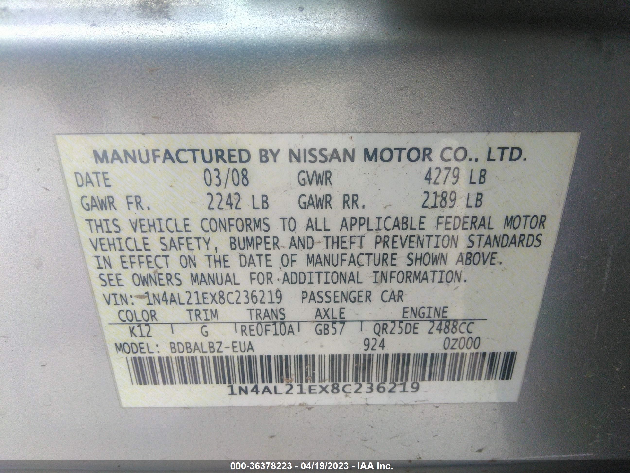 Photo 9 VIN: 1N4AL21EX8C236219 - NISSAN ALTIMA 