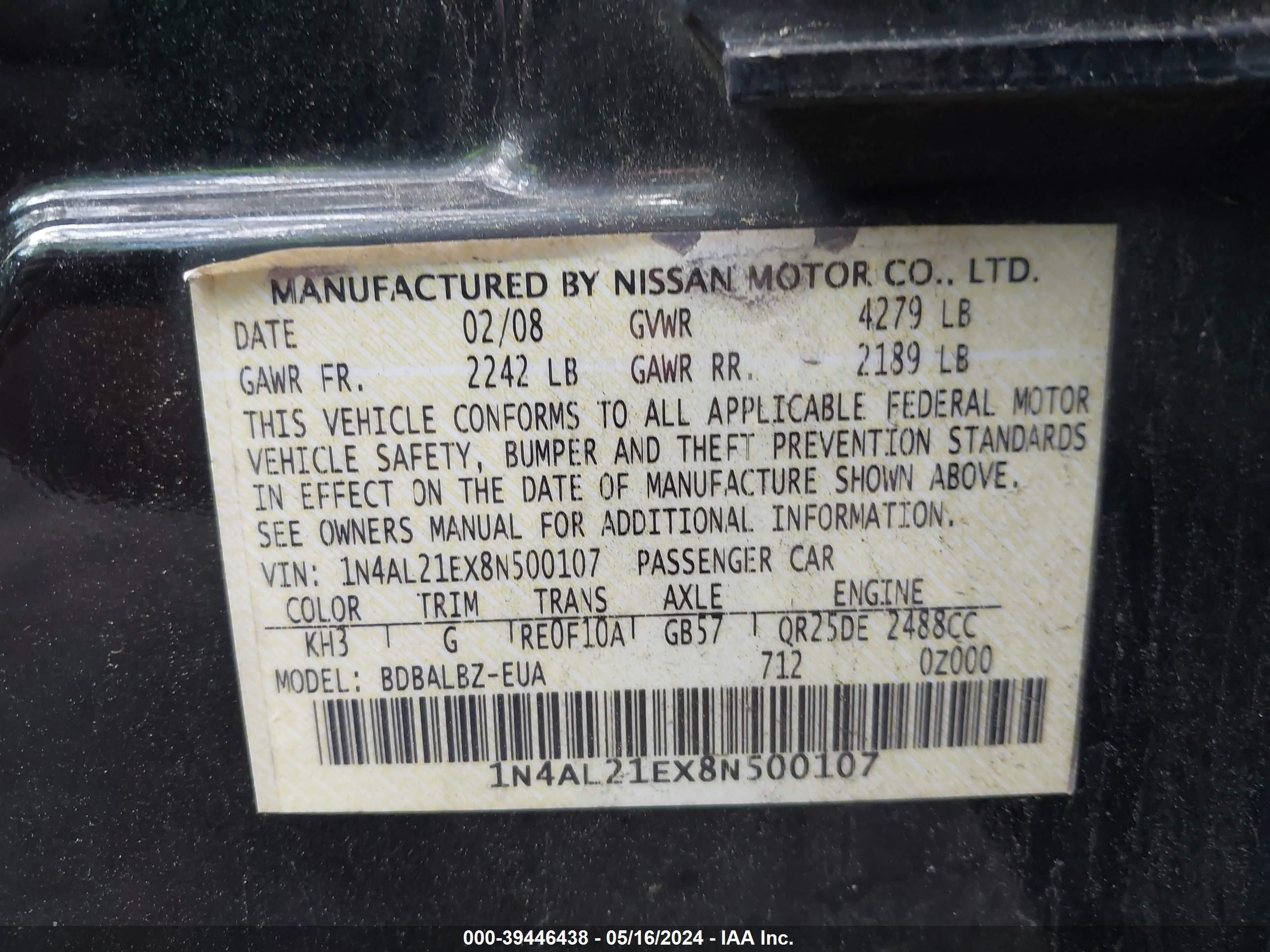 Photo 8 VIN: 1N4AL21EX8N500107 - NISSAN ALTIMA 