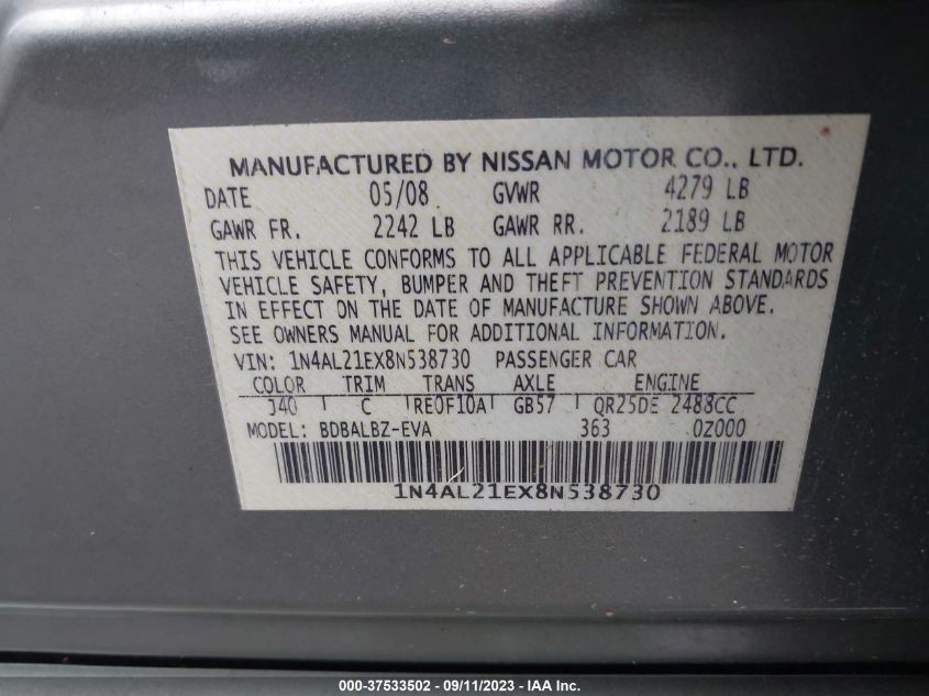 Photo 8 VIN: 1N4AL21EX8N538730 - NISSAN ALTIMA 