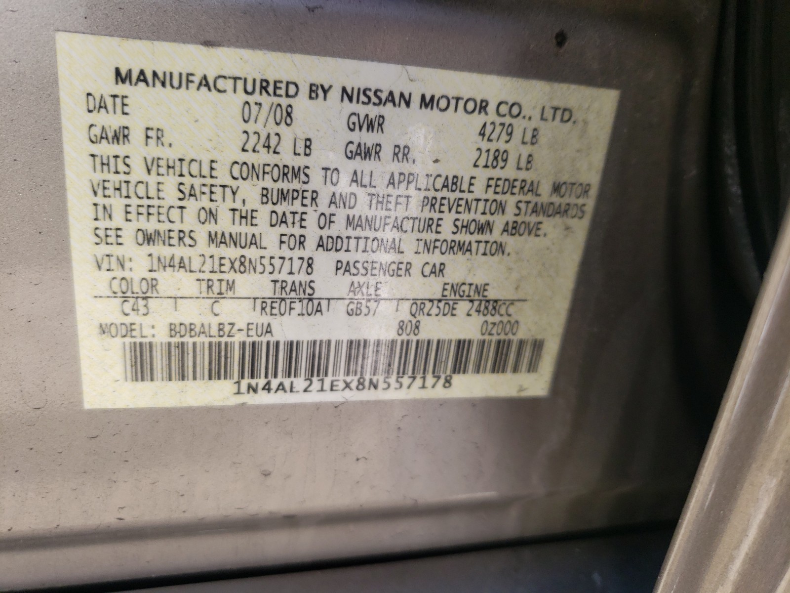 Photo 9 VIN: 1N4AL21EX8N557178 - NISSAN ALTIMA BAS 