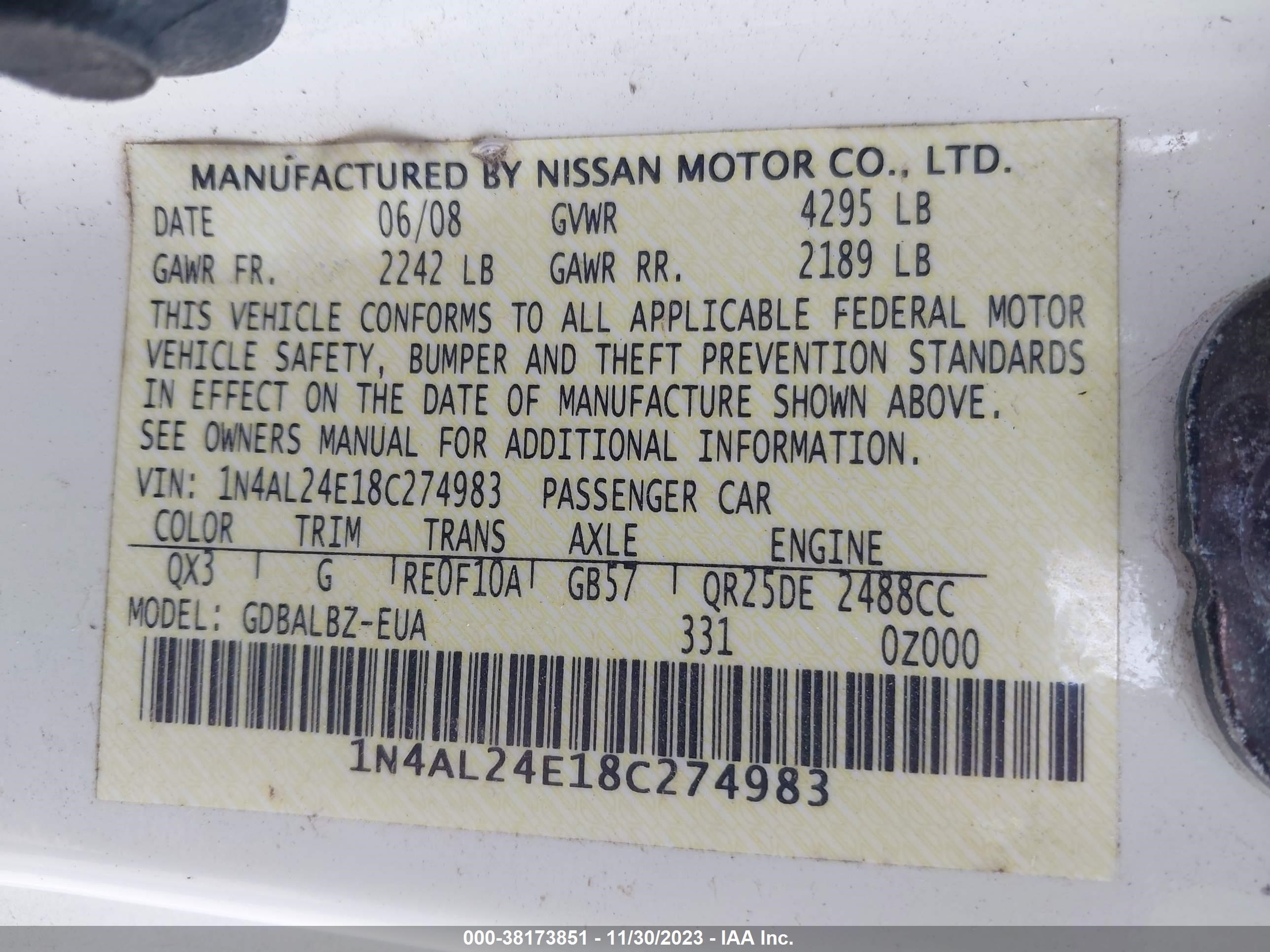 Photo 8 VIN: 1N4AL24E18C274983 - NISSAN ALTIMA 