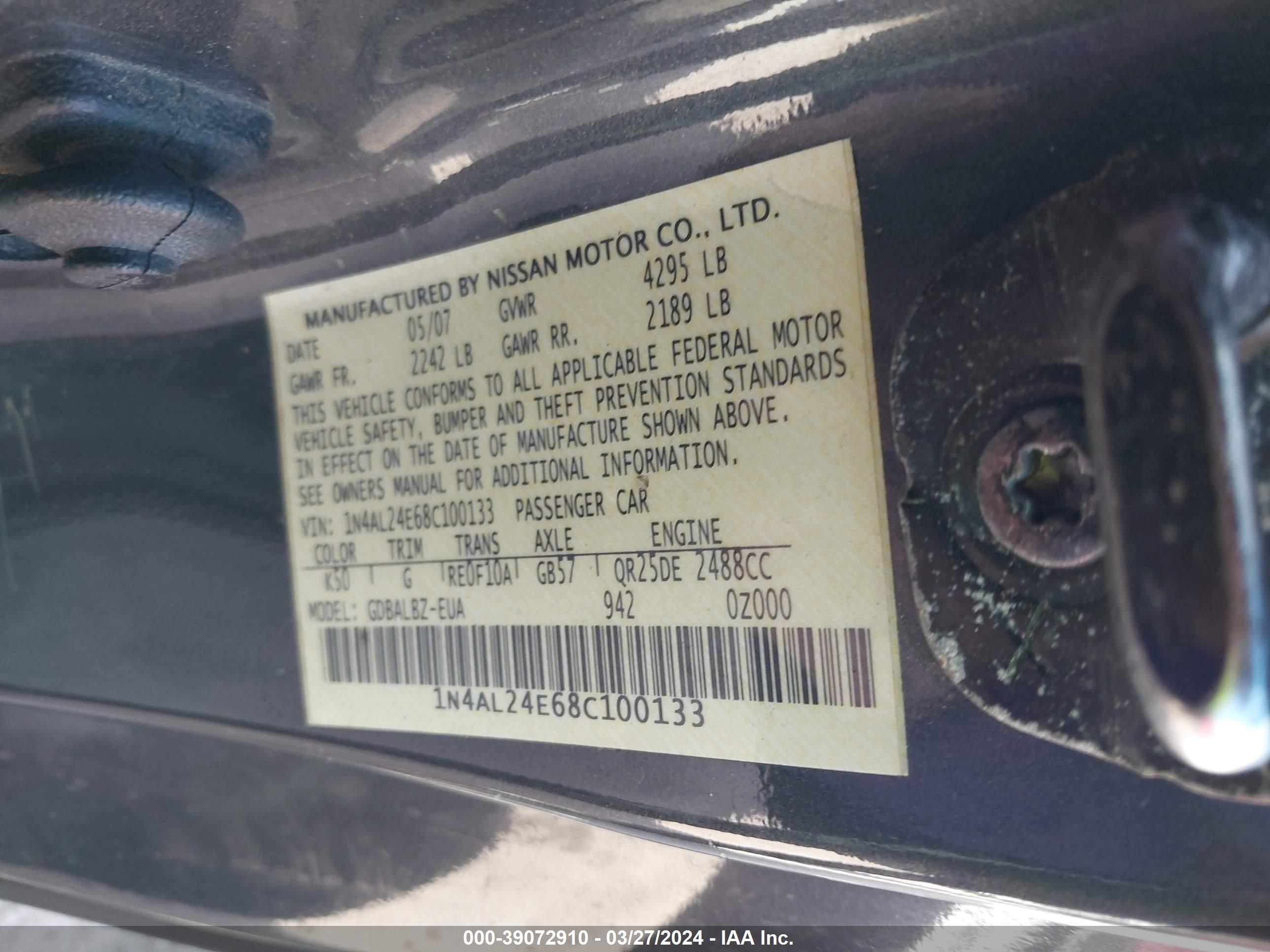 Photo 8 VIN: 1N4AL24E68C100133 - NISSAN ALTIMA 