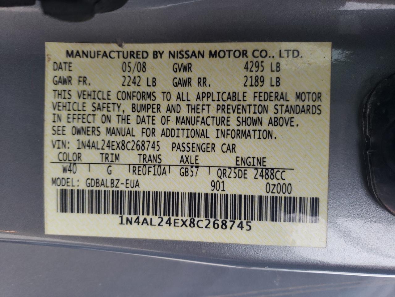 Photo 11 VIN: 1N4AL24EX8C268745 - NISSAN ALTIMA 