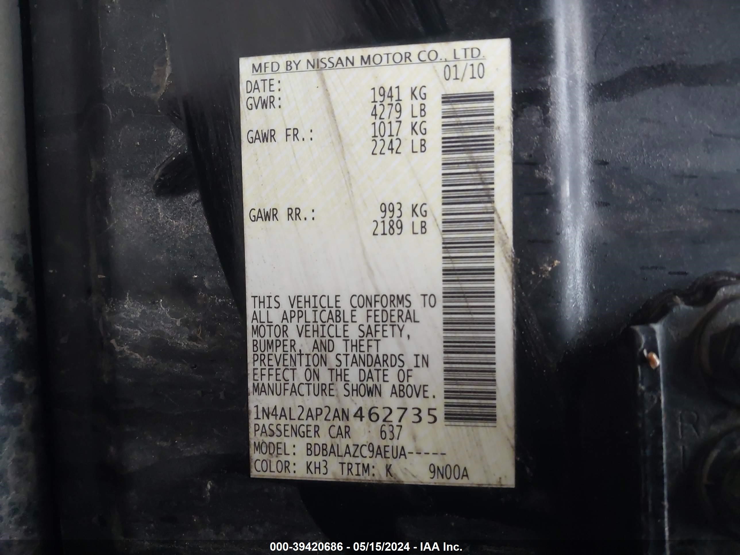 Photo 8 VIN: 1N4AL2AP2AN462735 - NISSAN ALTIMA 