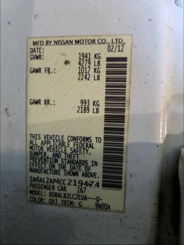 Photo 9 VIN: 1N4AL2AP4CC219474 - NISSAN ALTIMA BAS 