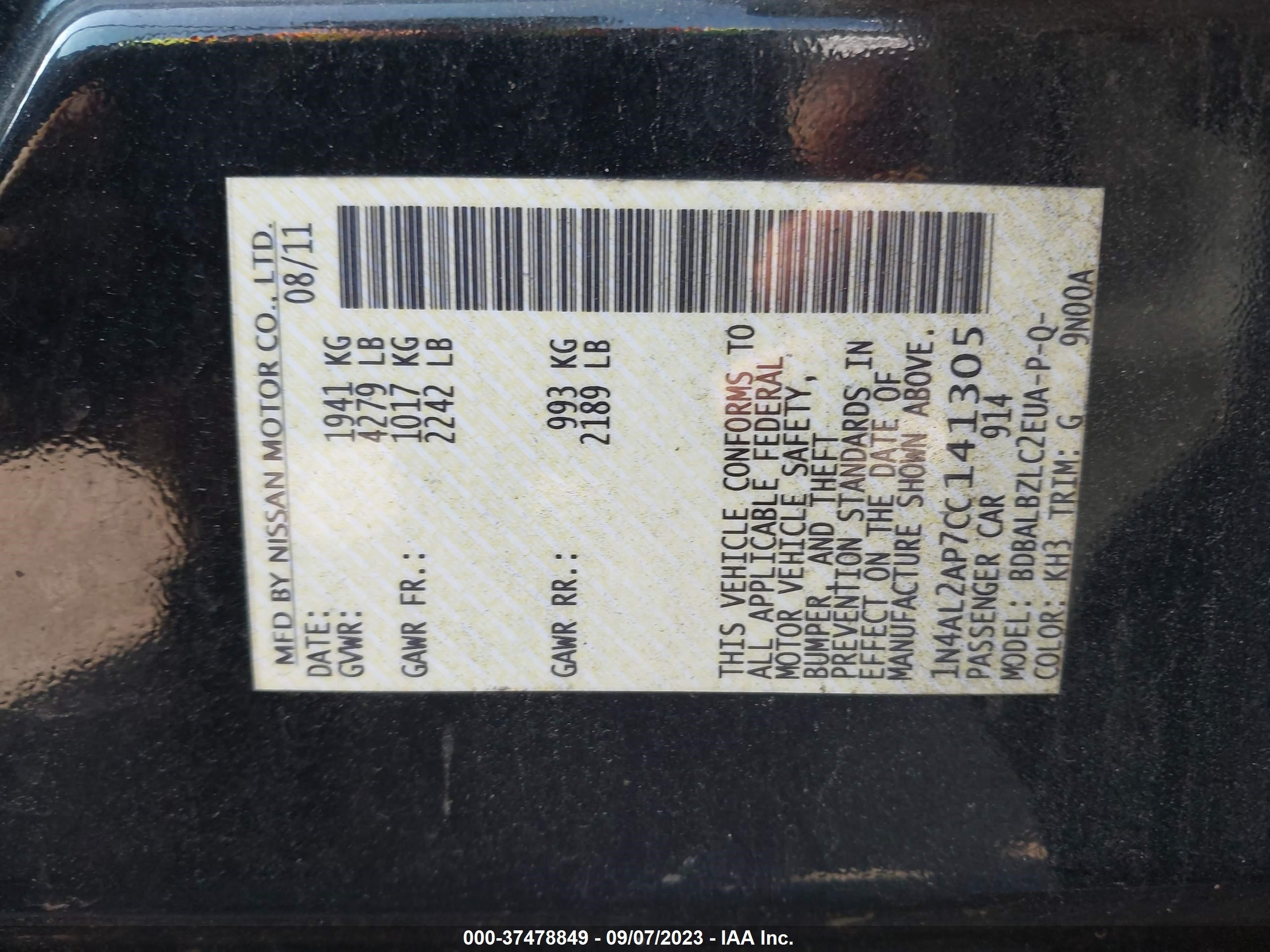 Photo 8 VIN: 1N4AL2AP7CC141305 - NISSAN ALTIMA 