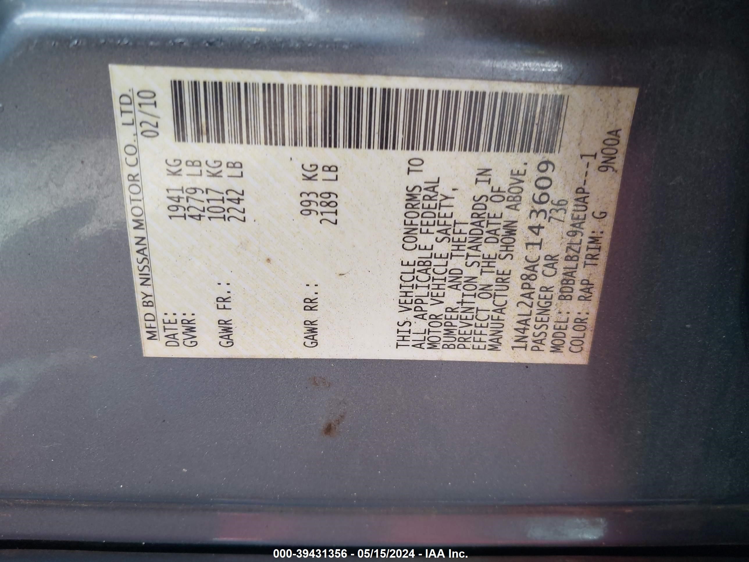 Photo 8 VIN: 1N4AL2AP8AC143609 - NISSAN ALTIMA 