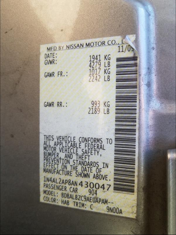 Photo 9 VIN: 1N4AL2AP8AN430047 - NISSAN ALTIMA BAS 