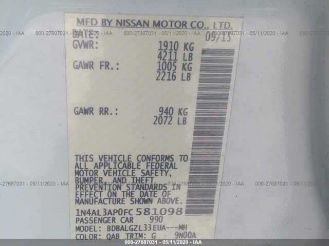 Photo 8 VIN: 1N4AL3AP0FC581098 - NISSAN ALTIMA 