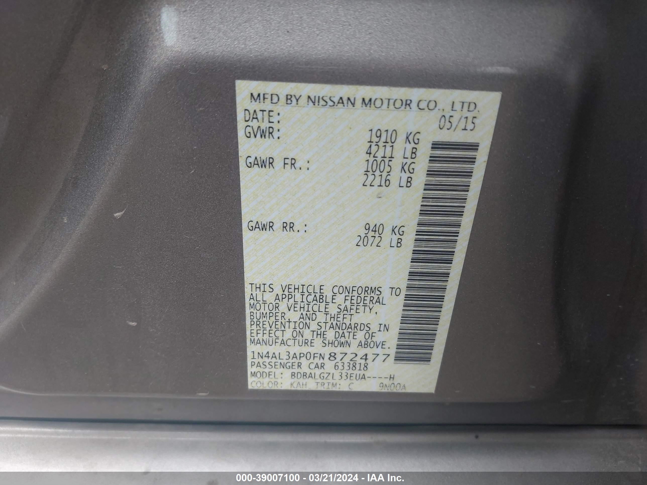 Photo 8 VIN: 1N4AL3AP0FN872477 - NISSAN ALTIMA 