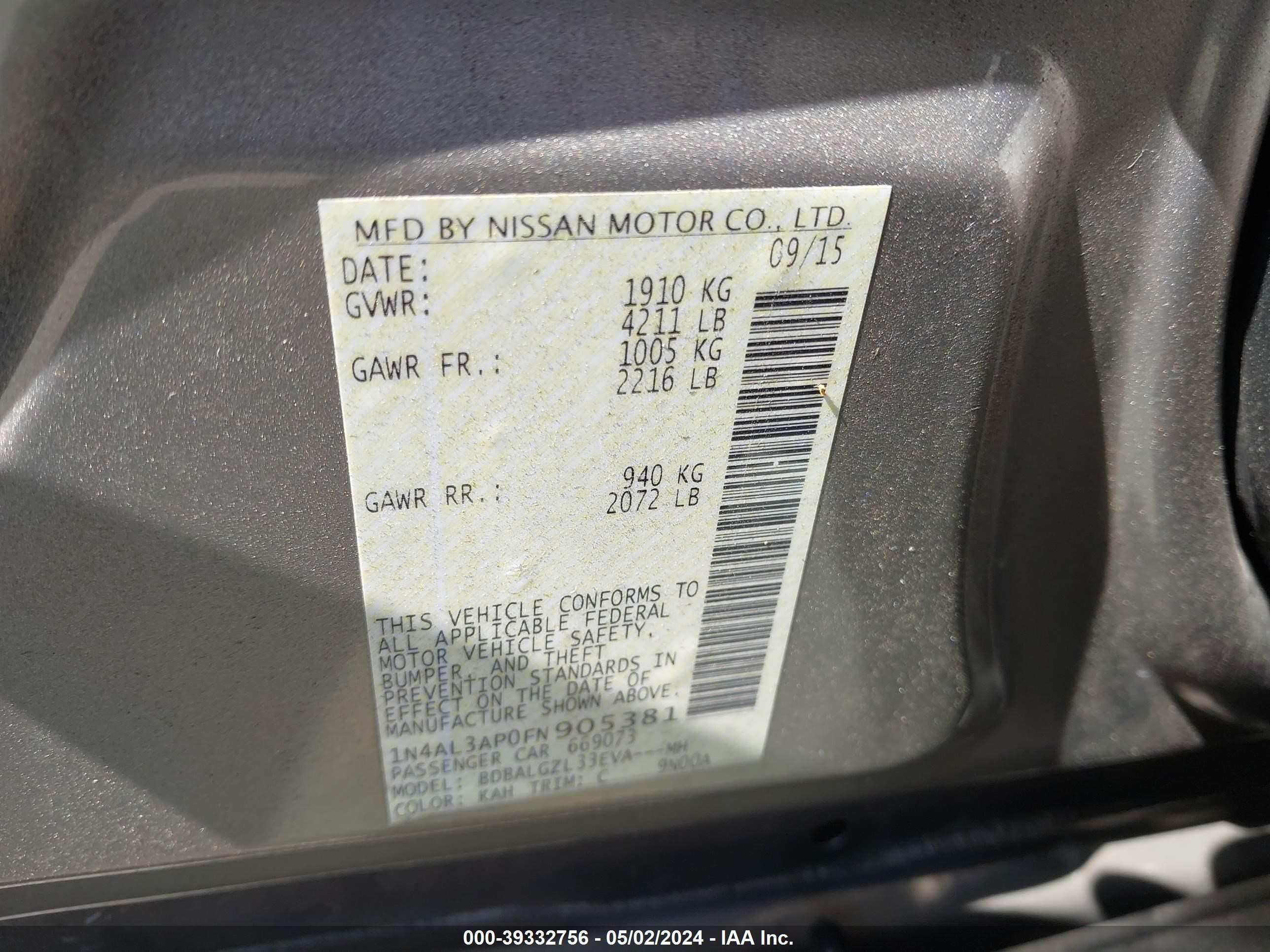 Photo 8 VIN: 1N4AL3AP0FN905381 - NISSAN ALTIMA 