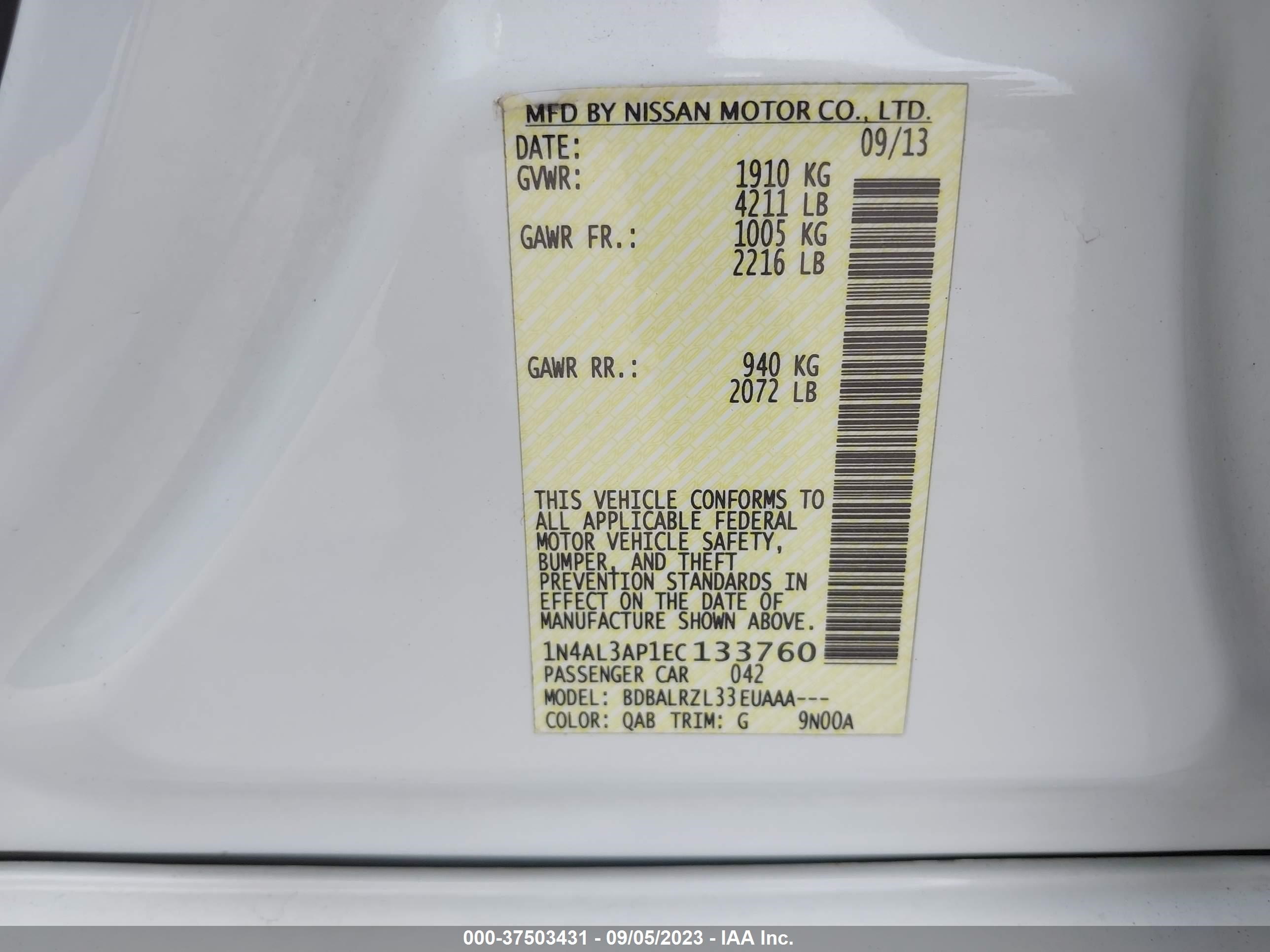 Photo 8 VIN: 1N4AL3AP1EC133760 - NISSAN ALTIMA 