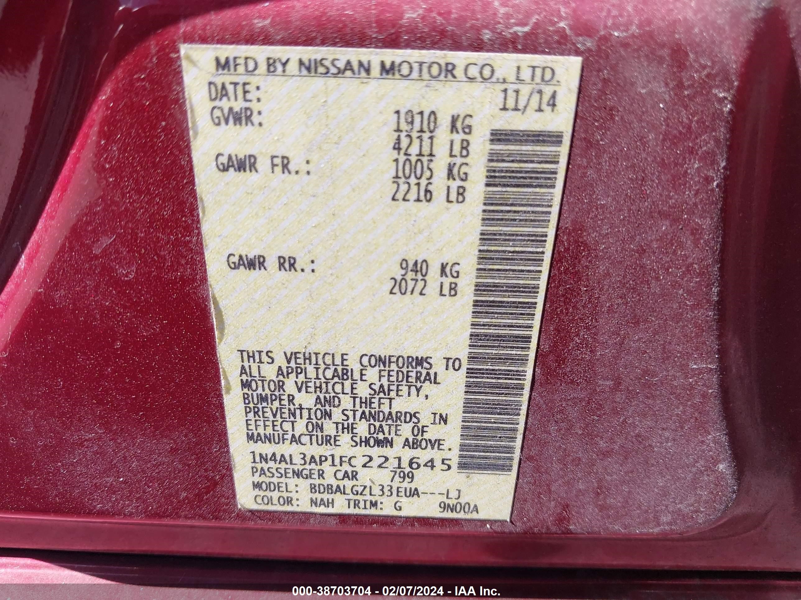 Photo 8 VIN: 1N4AL3AP1FC221645 - NISSAN ALTIMA 