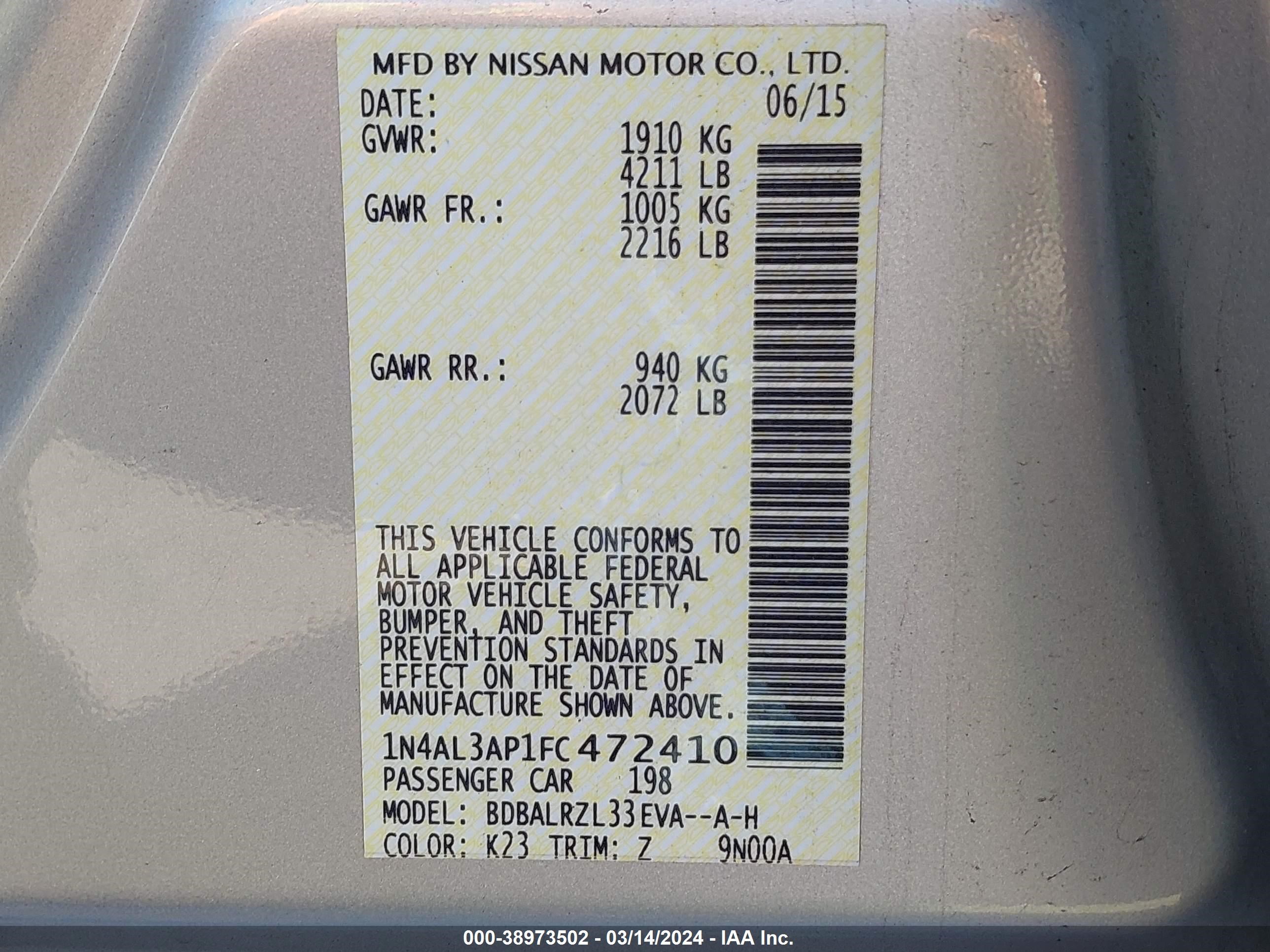 Photo 8 VIN: 1N4AL3AP1FC472410 - NISSAN ALTIMA 