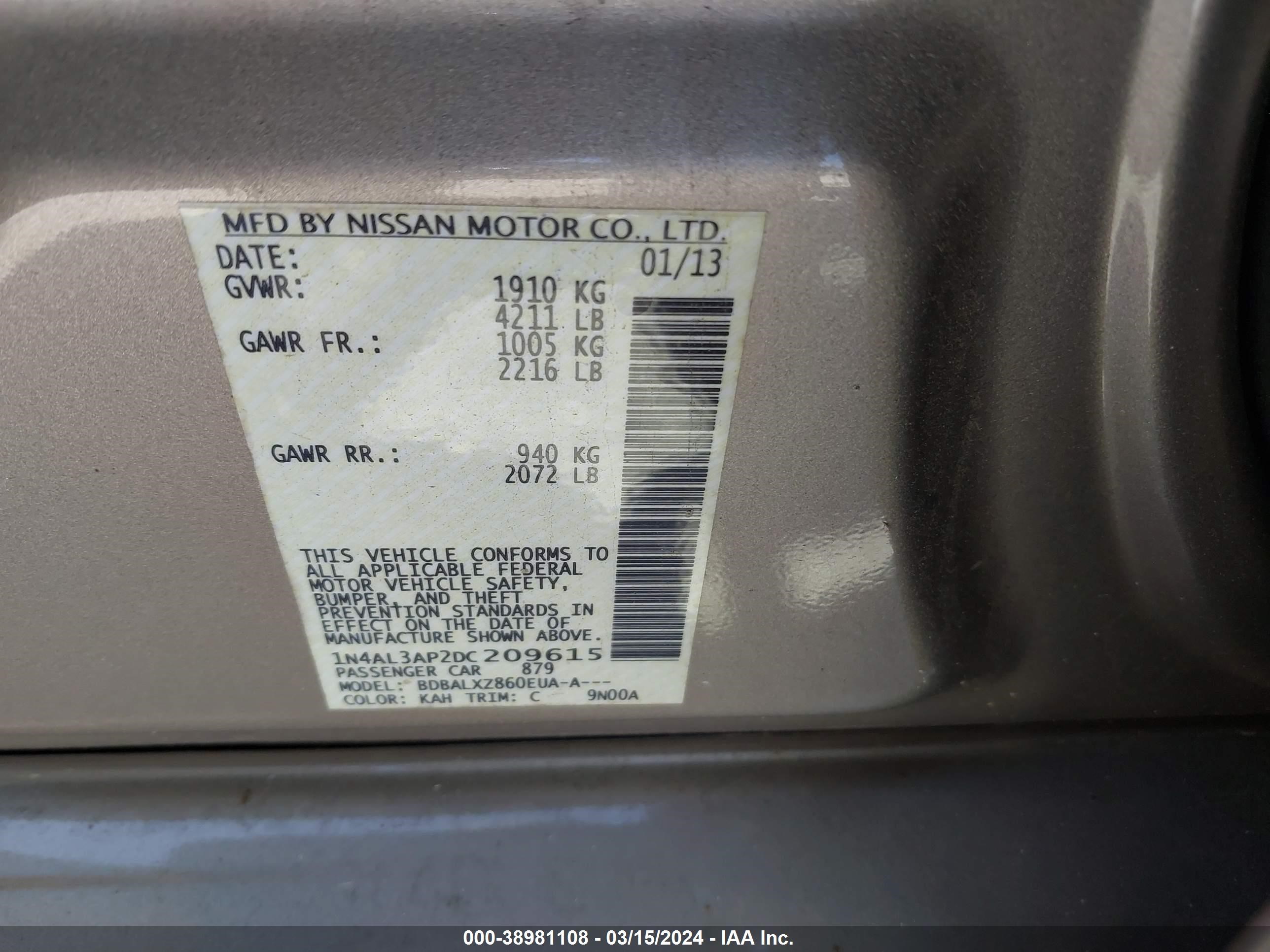 Photo 8 VIN: 1N4AL3AP2DC209615 - NISSAN ALTIMA 