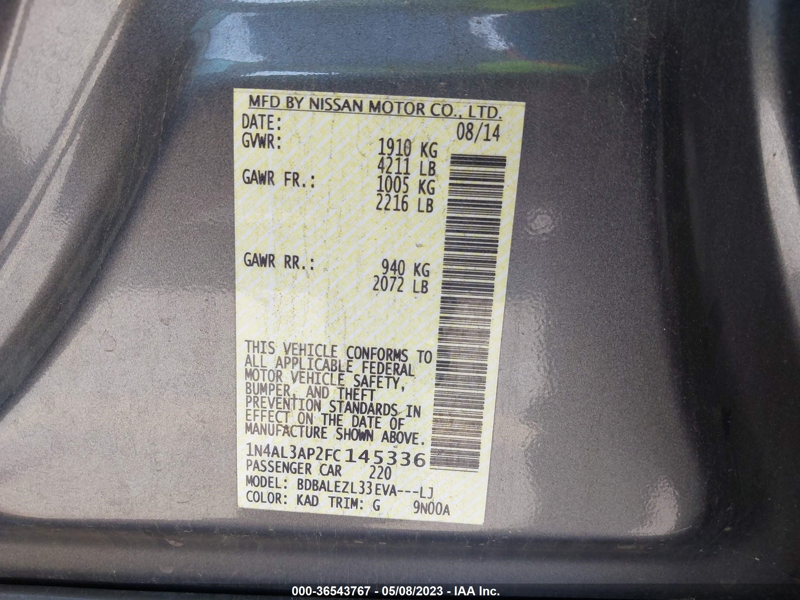 Photo 8 VIN: 1N4AL3AP2FC145336 - NISSAN ALTIMA 