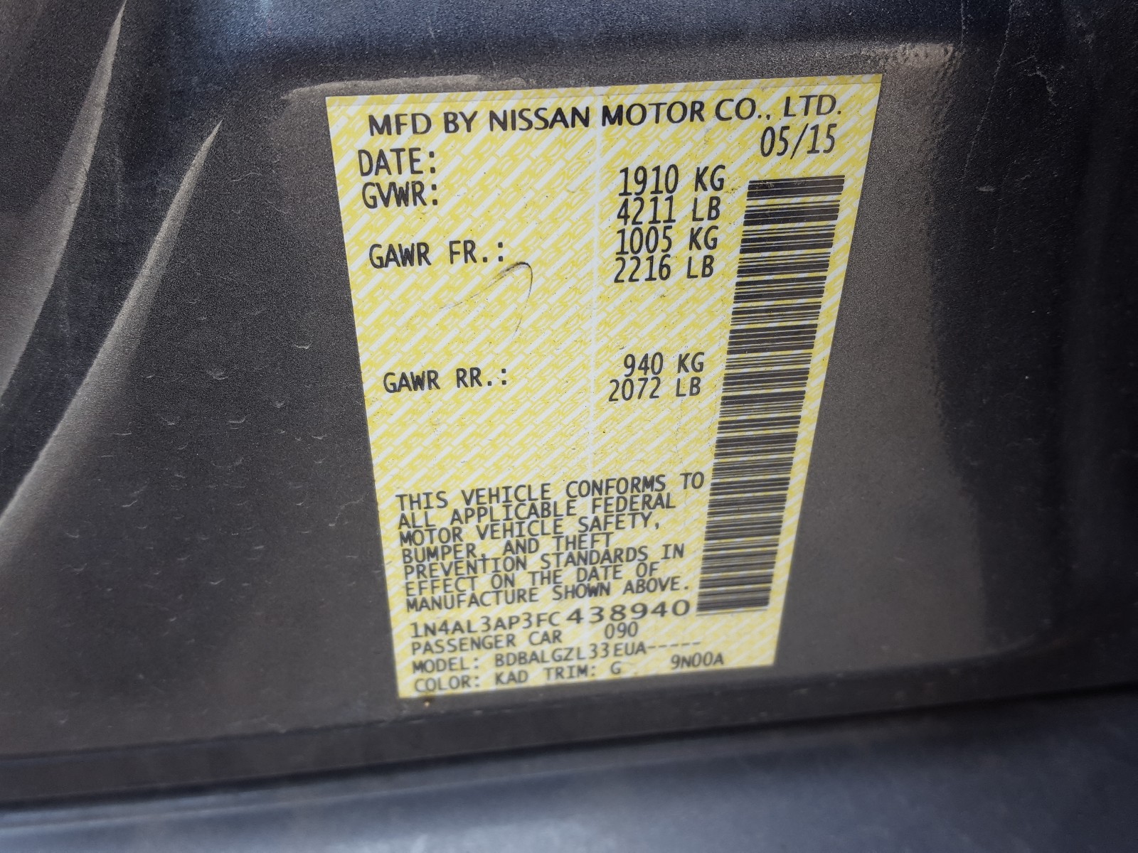 Photo 9 VIN: 1N4AL3AP3FC438940 - NISSAN ALTIMA 2.5 