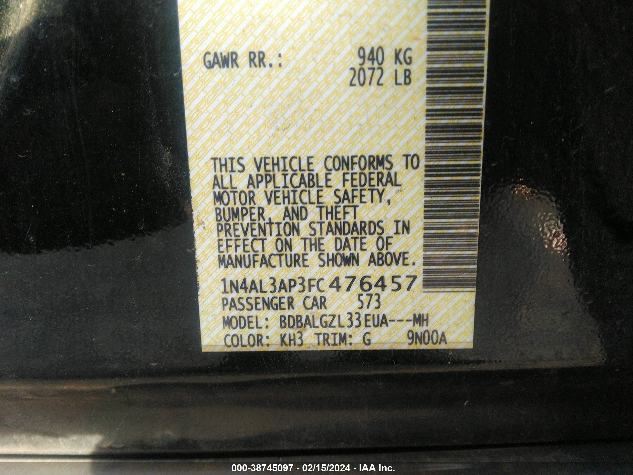 Photo 8 VIN: 1N4AL3AP3FC476457 - NISSAN ALTIMA 